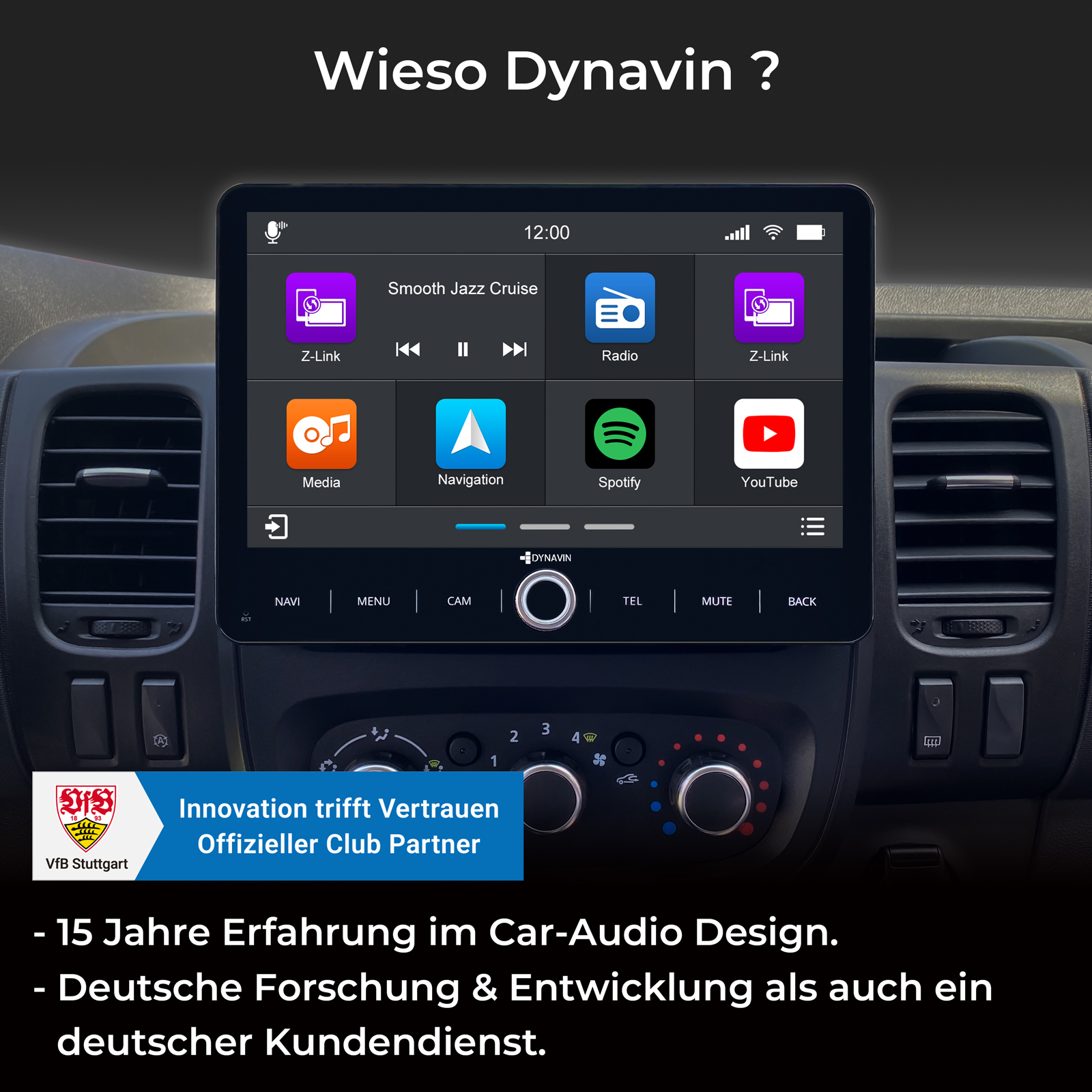 Ein Auto-Infotainment-Bildschirm mit App-Icons wie Radio, Spotify, YouTube.