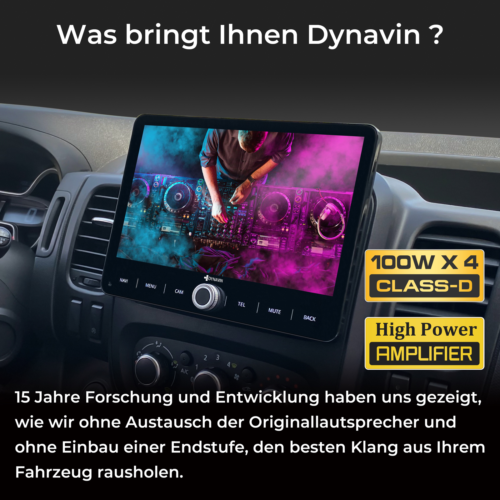 Ein DJ legt auf. Ein Autoradio zeigt DJ-Equipment. Infos zu Verstärkern.