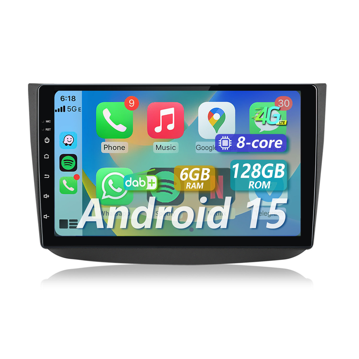 Ein Auto-Infotainment-Bildschirm mit Android 15 und App-Symbolen.