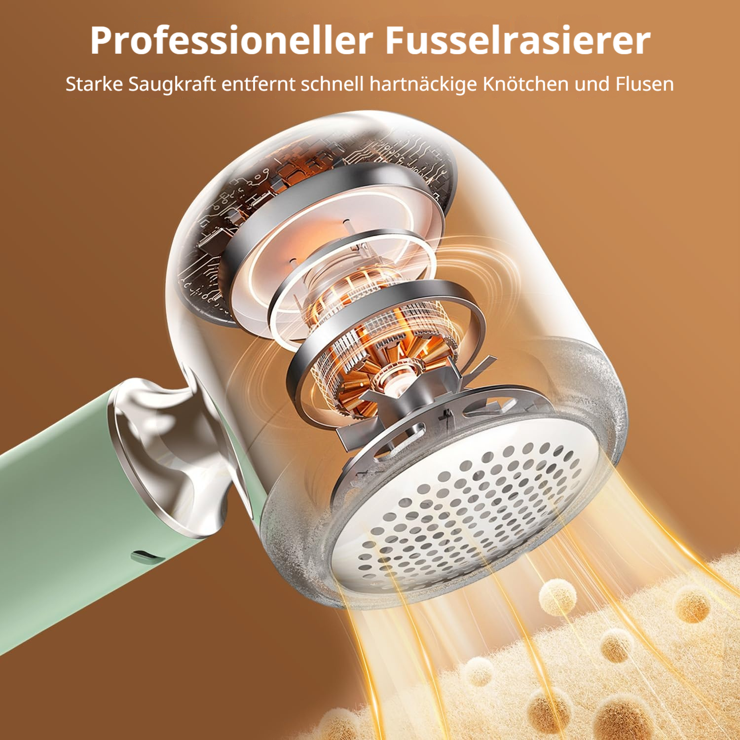 Ein Fusselrasierer saugt Flusen von Stoffen auf.