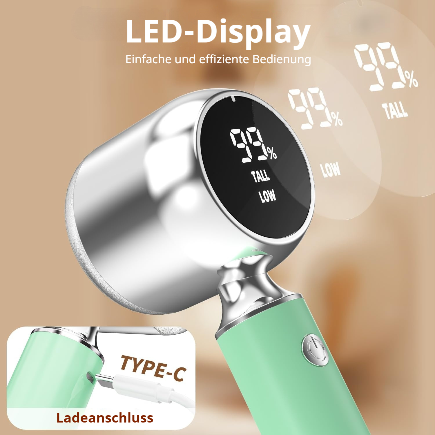 Silbernes Gerät mit LED-Anzeige von 99%, Typ-C-Ladeanschluss.