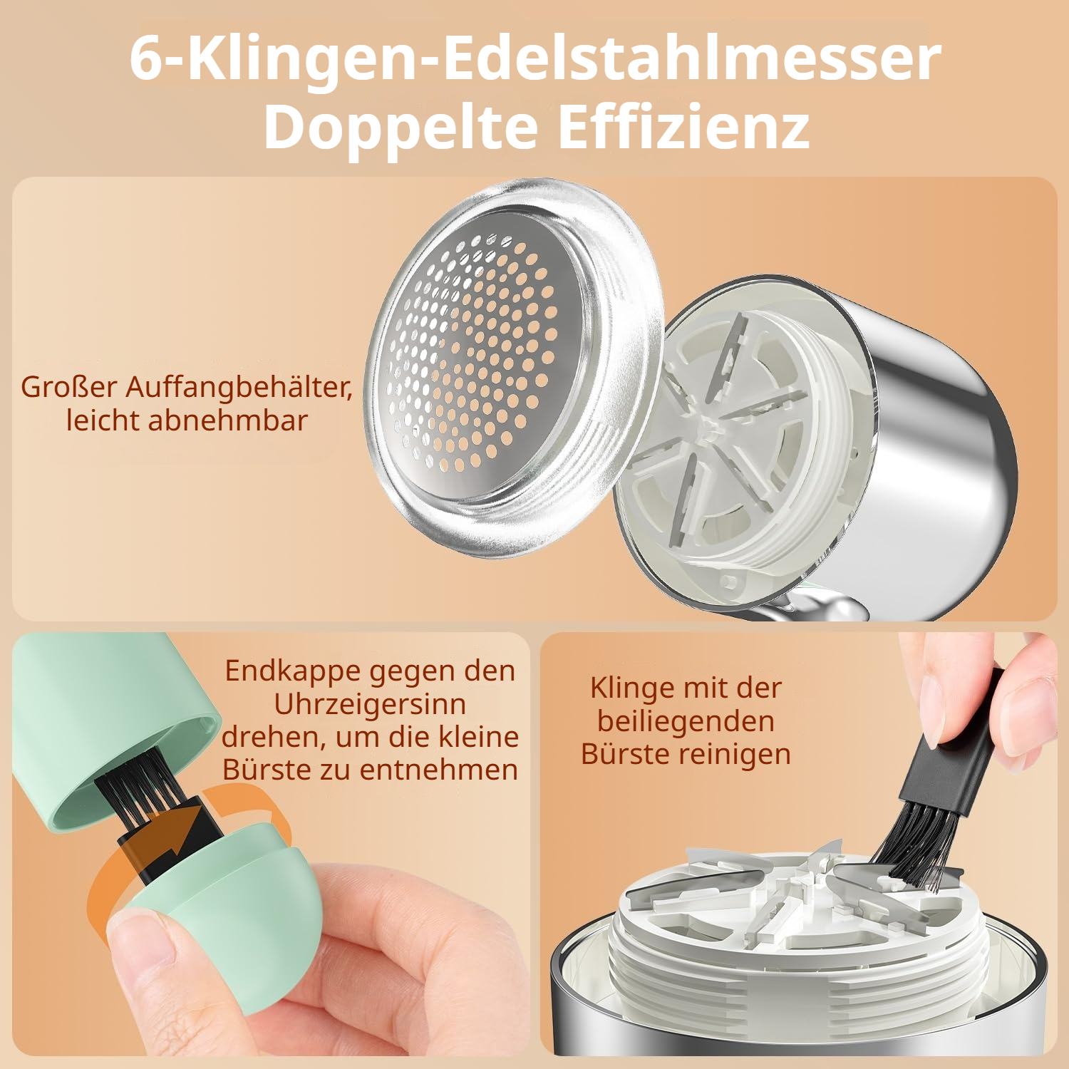 Ein Fusselentferner mit 6 Klingen und Zubehör. Großer Behälter, abnehmbar.