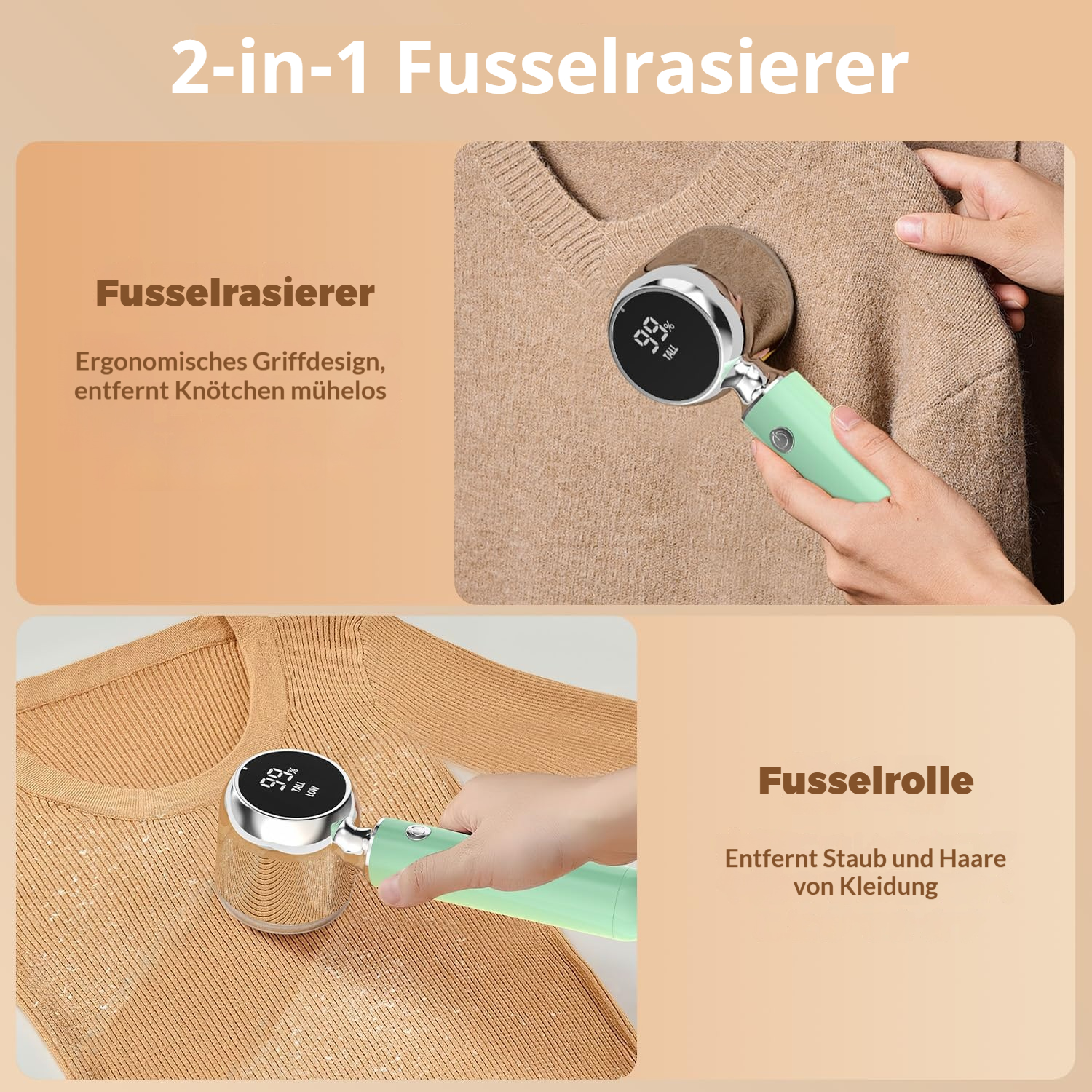 Ein 2-in-1 Fusselentferner mit digitaler Anzeige und ergonomischem Griff.