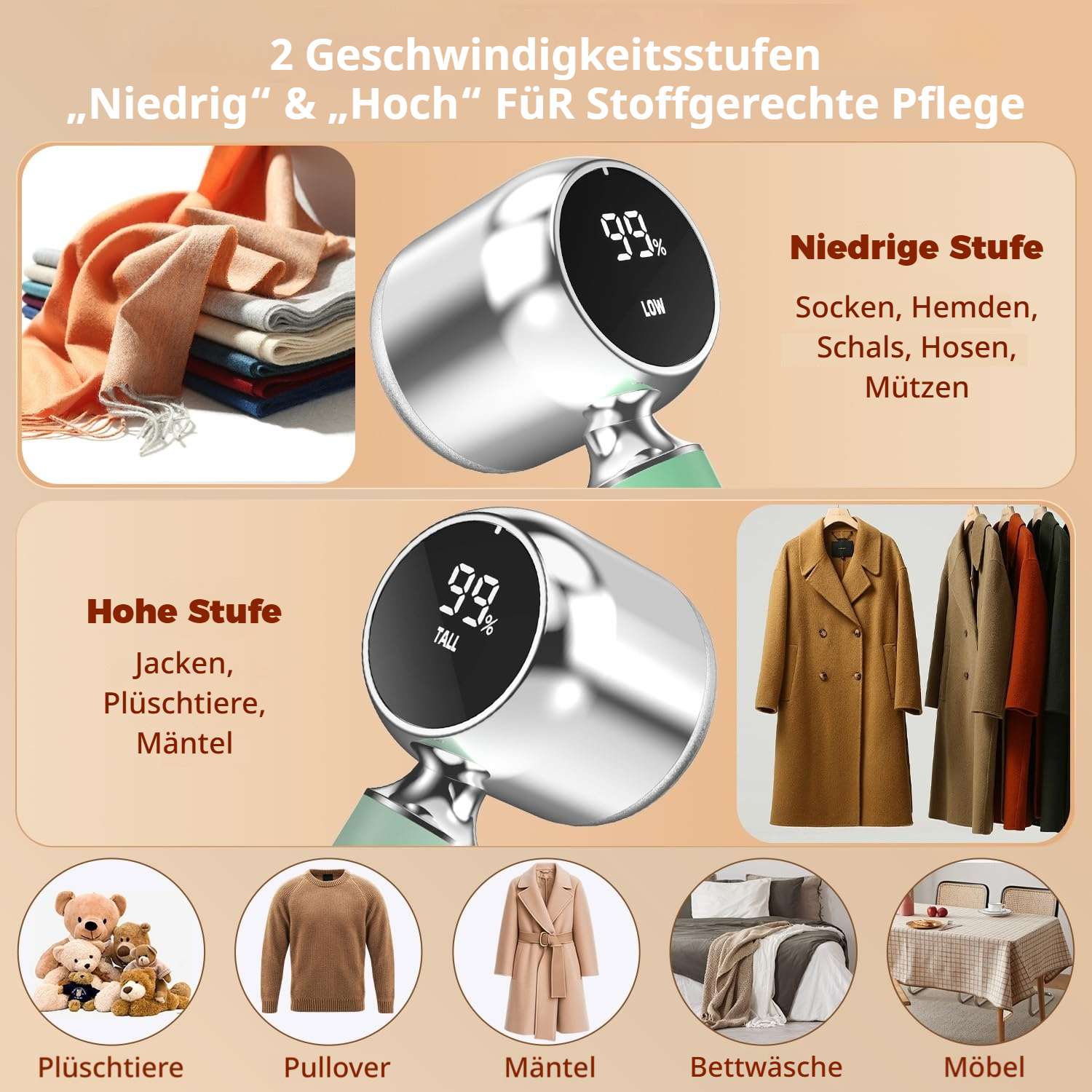 Gerät mit zwei Stufen für Stoffpflege: Niedrig für Socken, Hoch für Mäntel. Zeigt Kleidung und Haushaltsgegenstände.