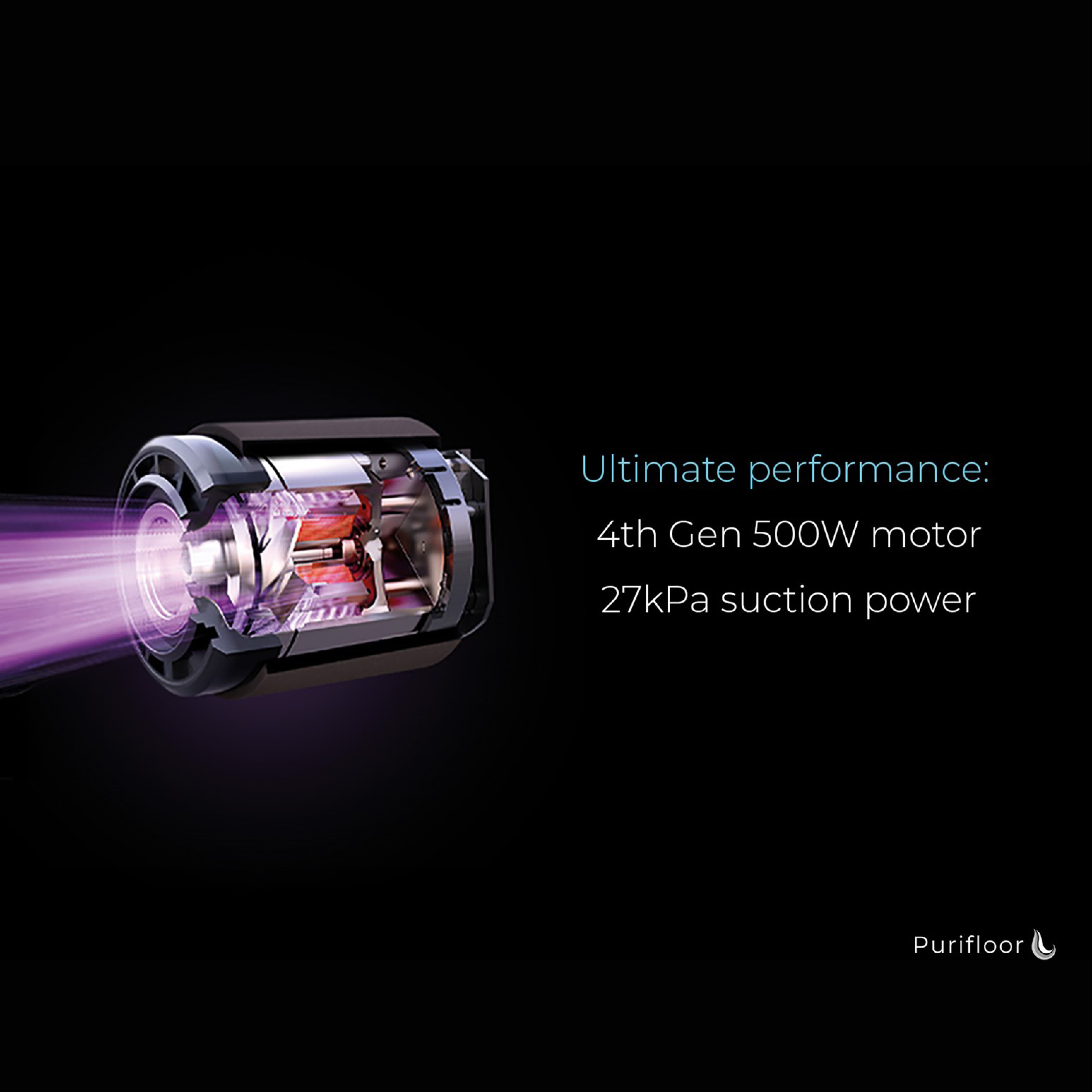 Motore aspirapolvere 500W, 27kPa, con effetto energia viola.