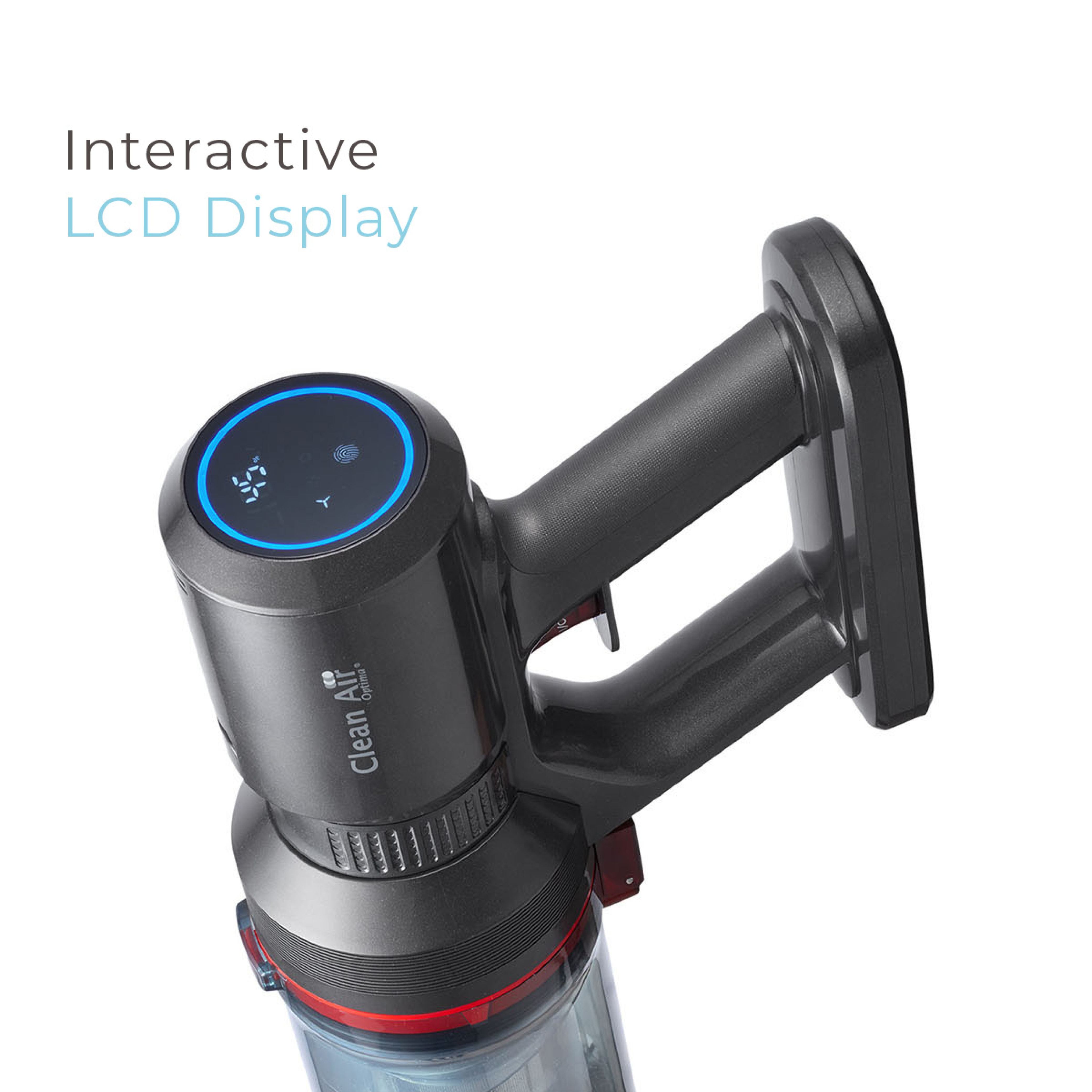 Un aspirapolvere portatile grigio con display LCD illuminato di blu e supporto di ricarica.