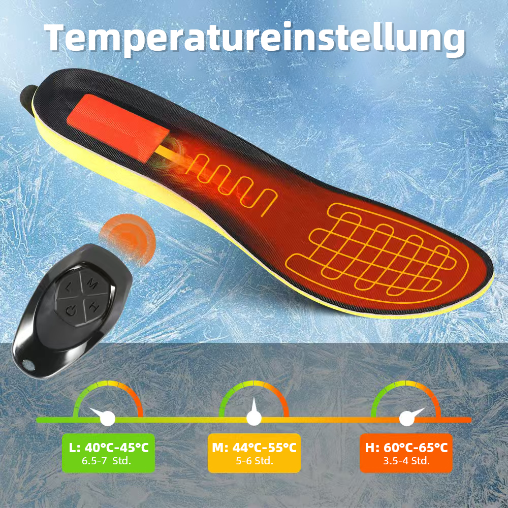 Eine beheizte Einlegesohle mit Fernbedienung und Temperatureinstellungen.