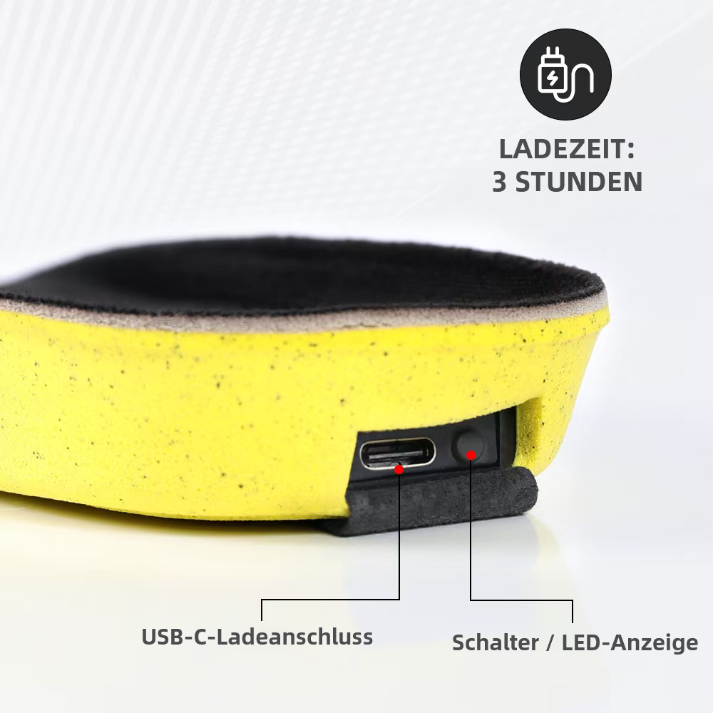Gelbe Einlegesohle mit USB-C-Anschluss, Schalter und Ladeanzeige.