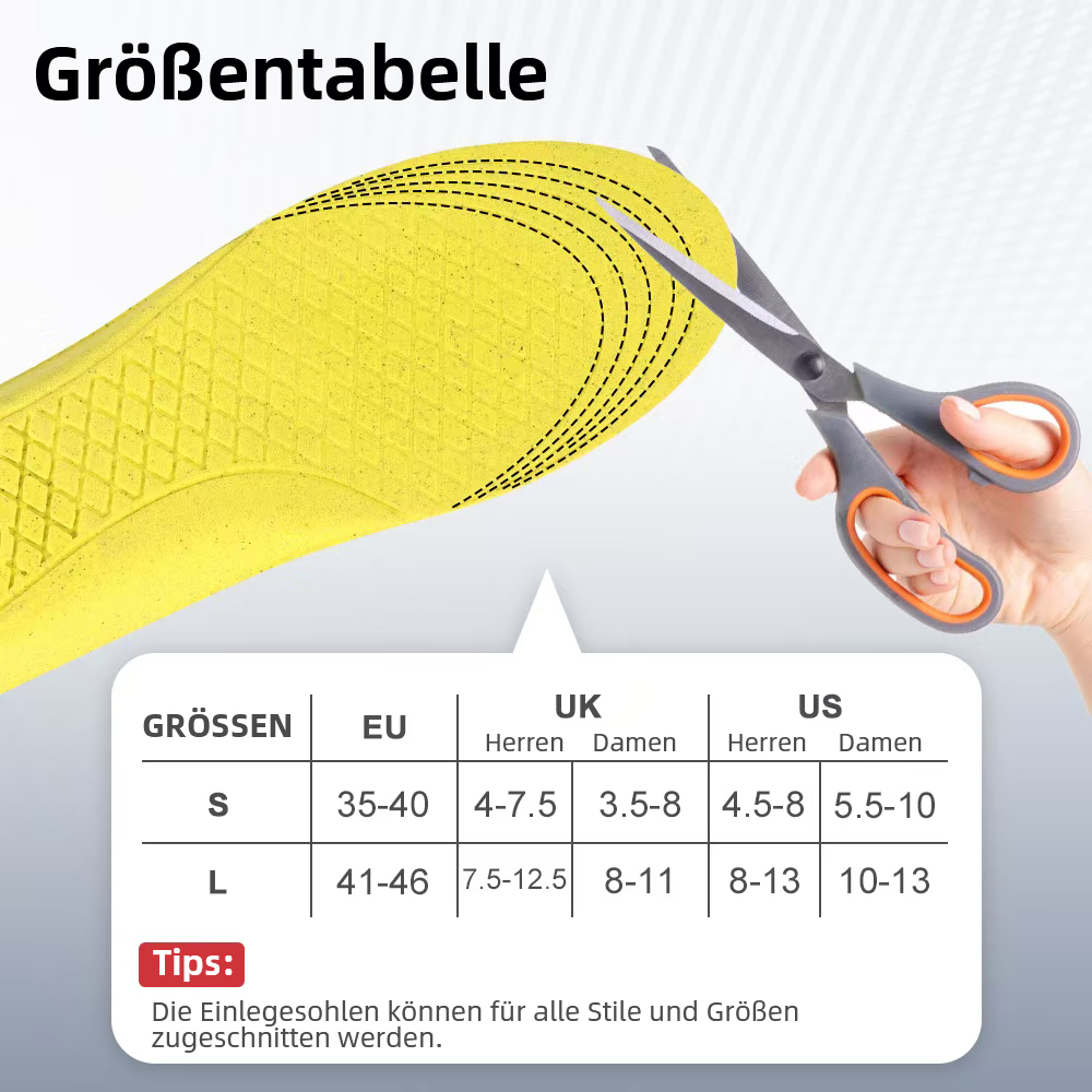 Größentabelle für Einlegesohlen mit Schere, die die Größe anpassen.