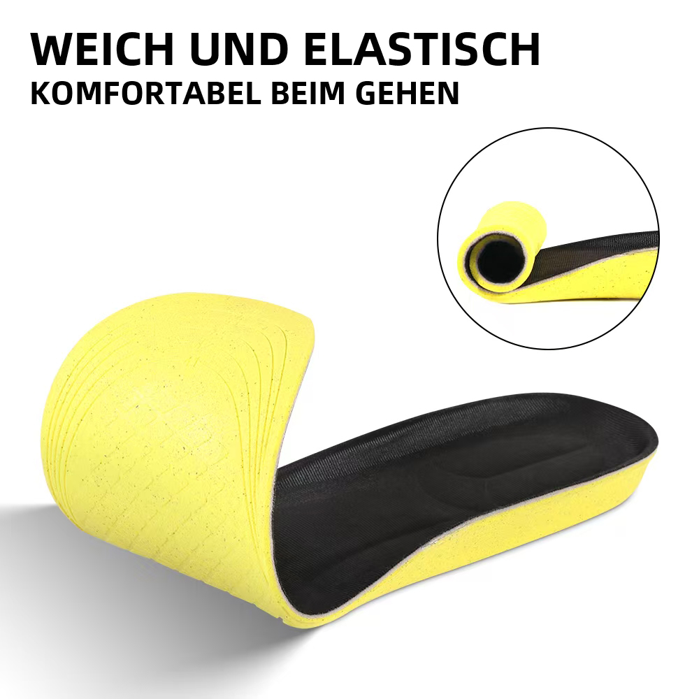 Eine gelbe Einlegesohle mit schwarzem Einsatz, weich und elastisch.