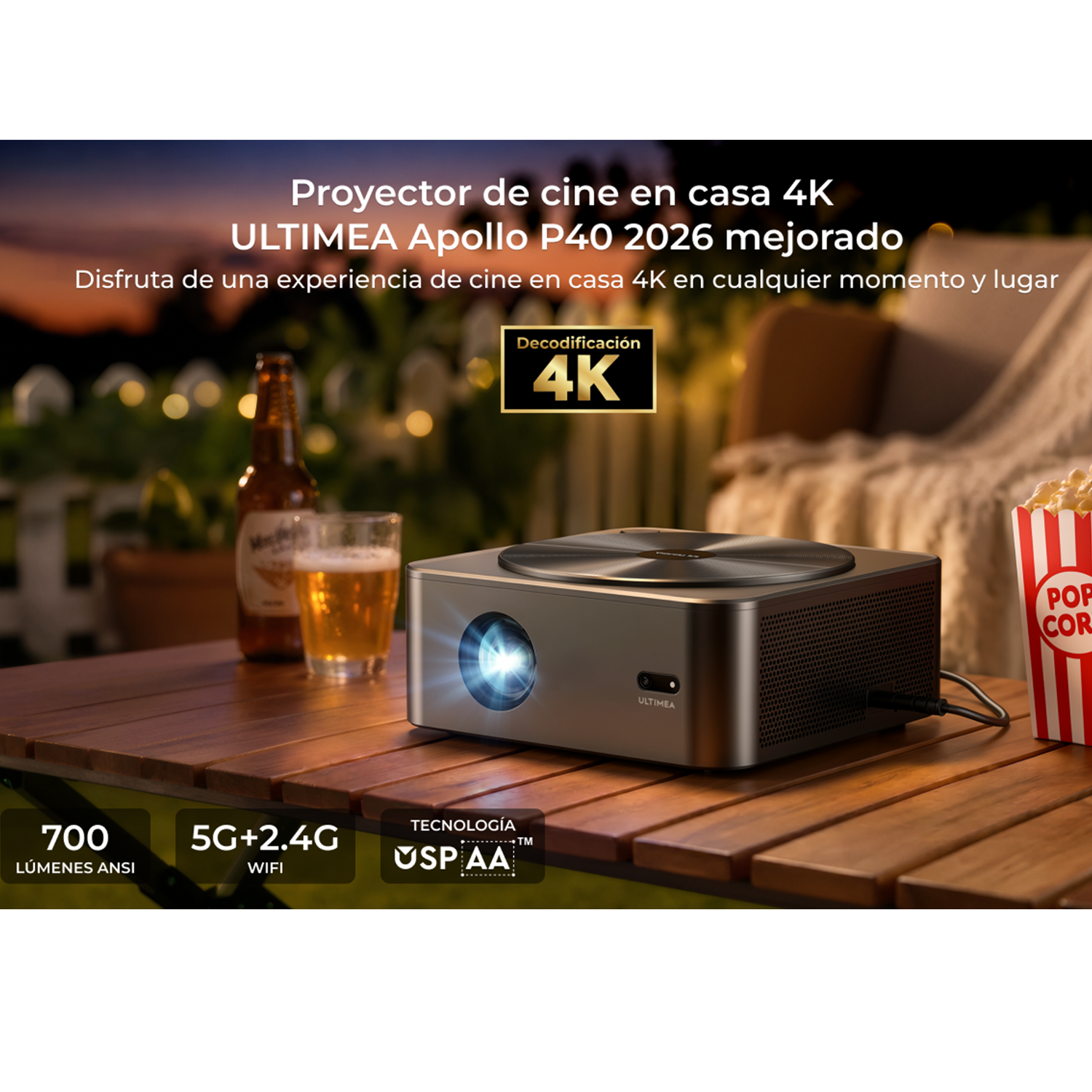 Un proyector 4K en una mesa con cerveza, palomitas y texto sobre características.
