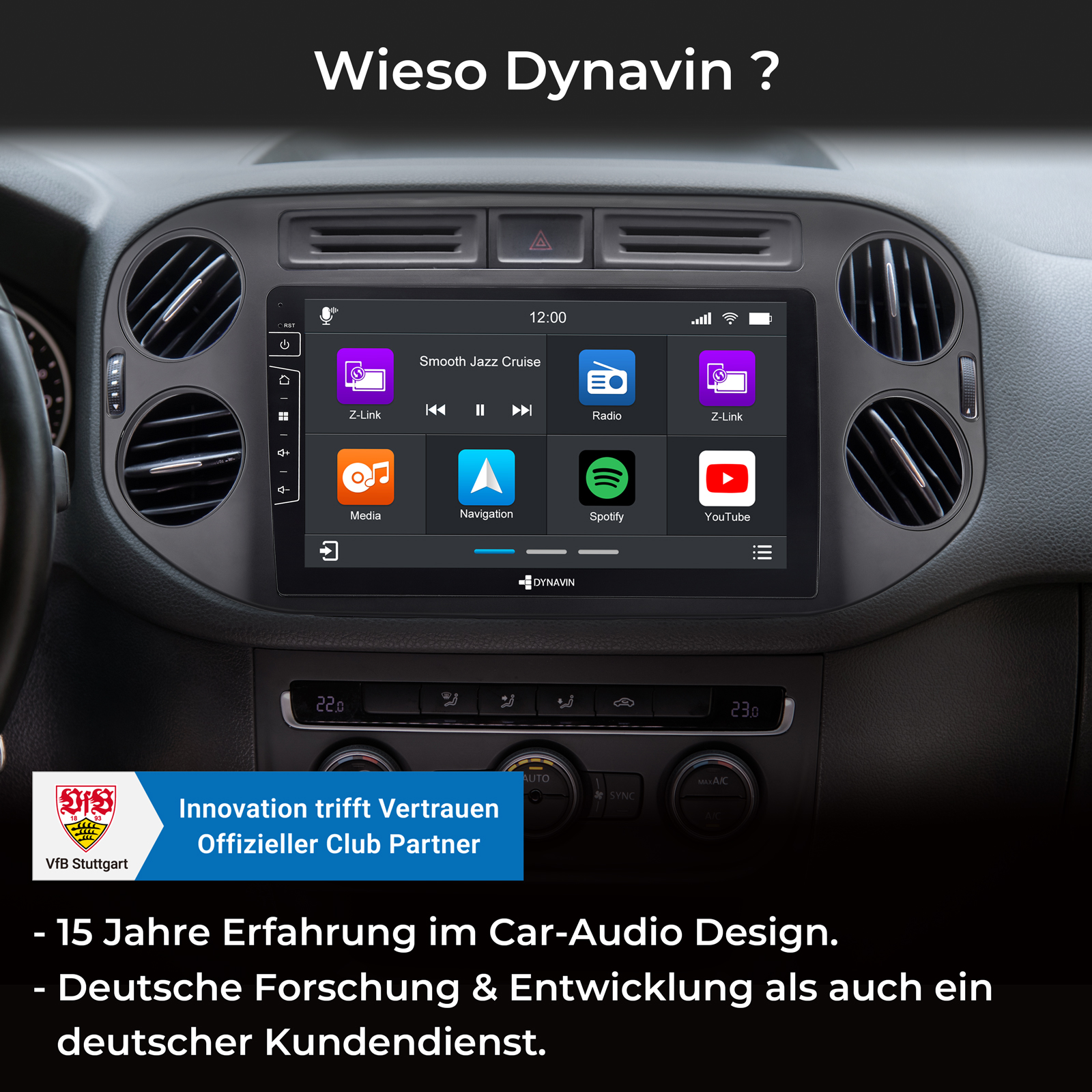 Ein modernes Autoradio-Display mit App-Icons, Klimasteuerung und Text.