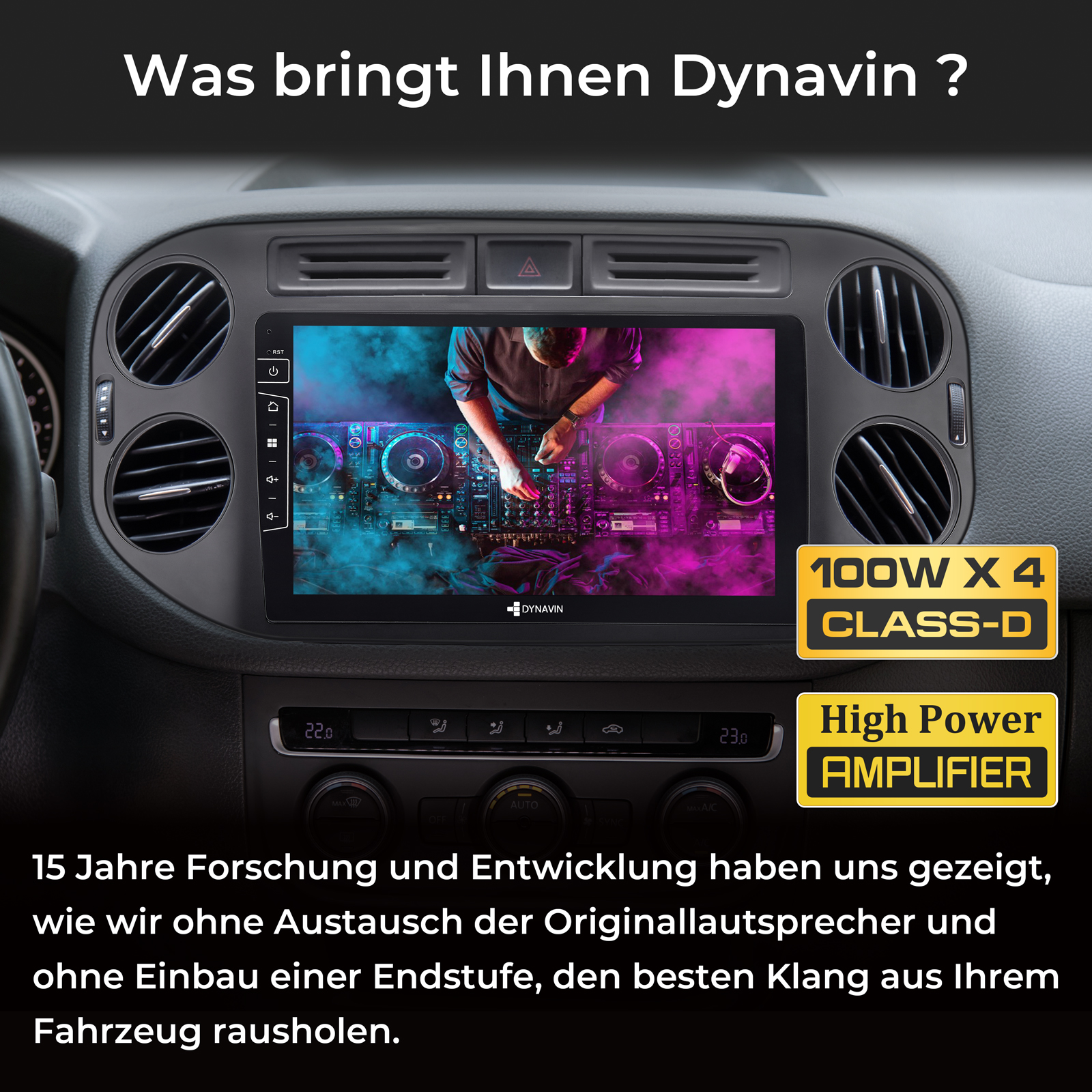 Ein DJ legt auf, der Bildschirm zeigt "100W x 4 Class-D" und "High Power Amplifier".