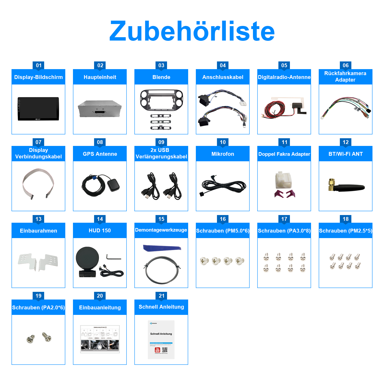 Zubehörliste für Autos mit 21 Teilen: Bildschirme, Einheiten, Kabel, Antennen, Schrauben, Anleitungen.