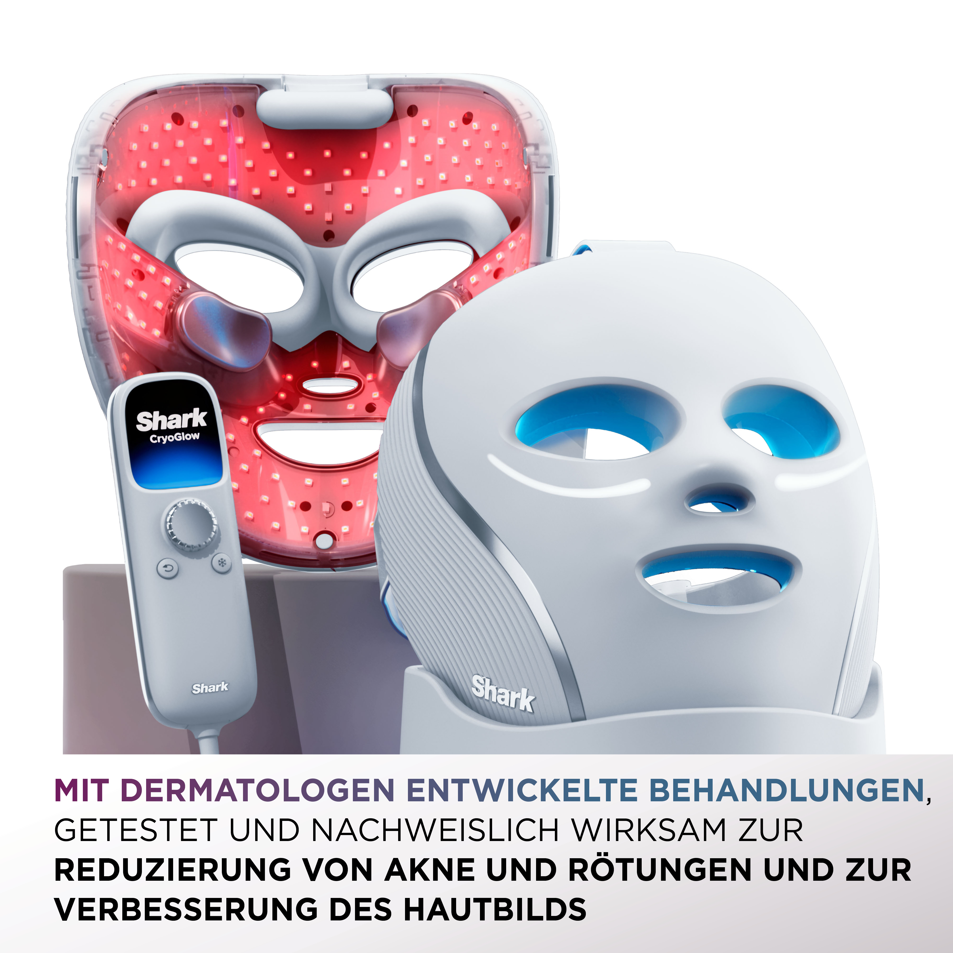 Zwei LED-Gesichtsmasken, eine rot und eine weiß, mit einem Steuergerät.
