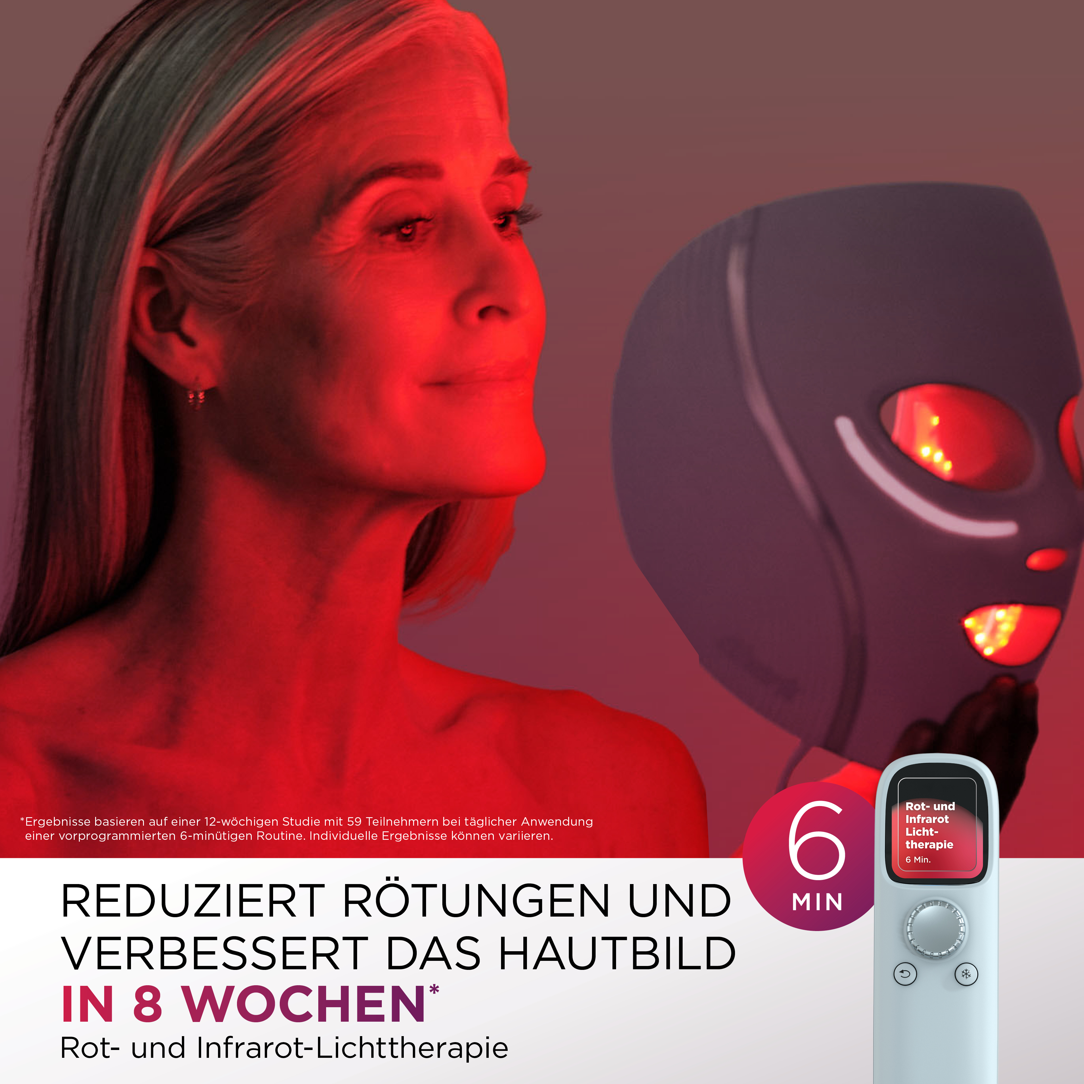 Frau mit Rotlicht-Gesichtsmaske und Kontrollgerät. Rotlicht- und Infrarotherapie.