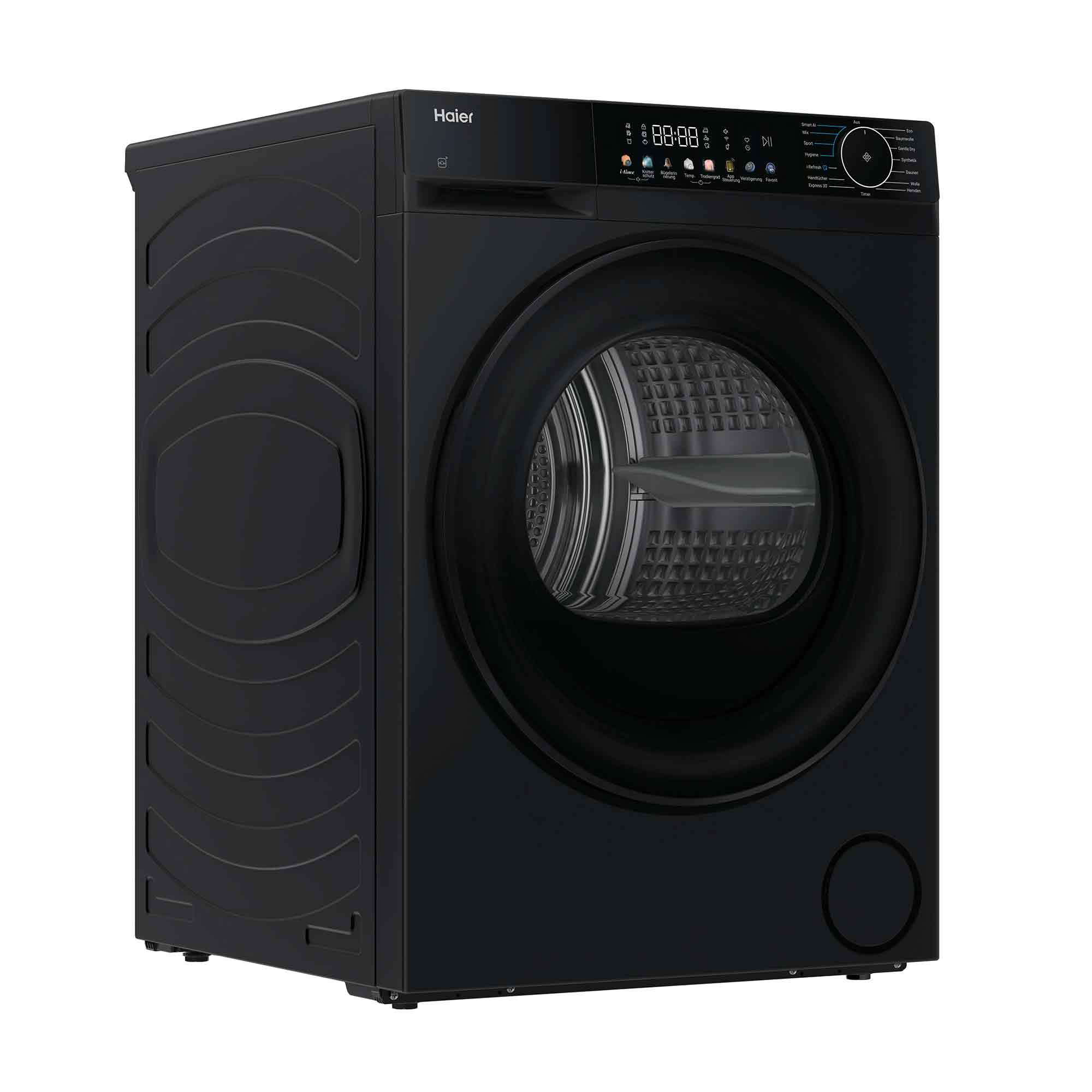 Schwarze Haier Waschmaschine mit digitalem Display und runder Tür.