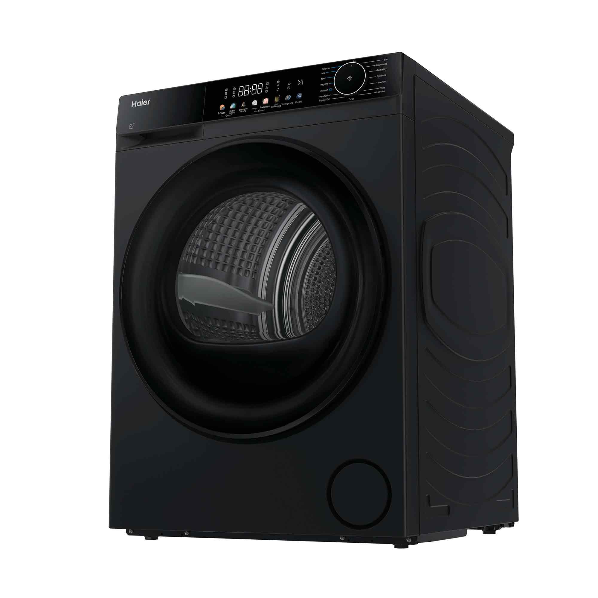 Schwarze Haier Waschmaschine mit digitalem Display und Bedienfeld.