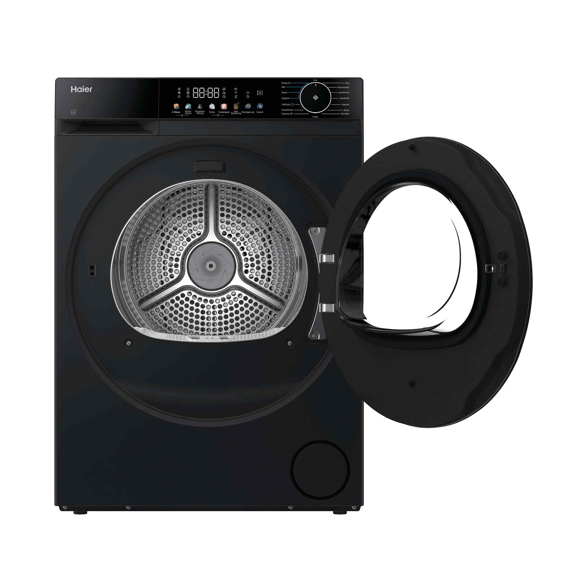 Schwarzer Haier Wäschetrockner mit geöffneter Tür und digitaler Anzeige.