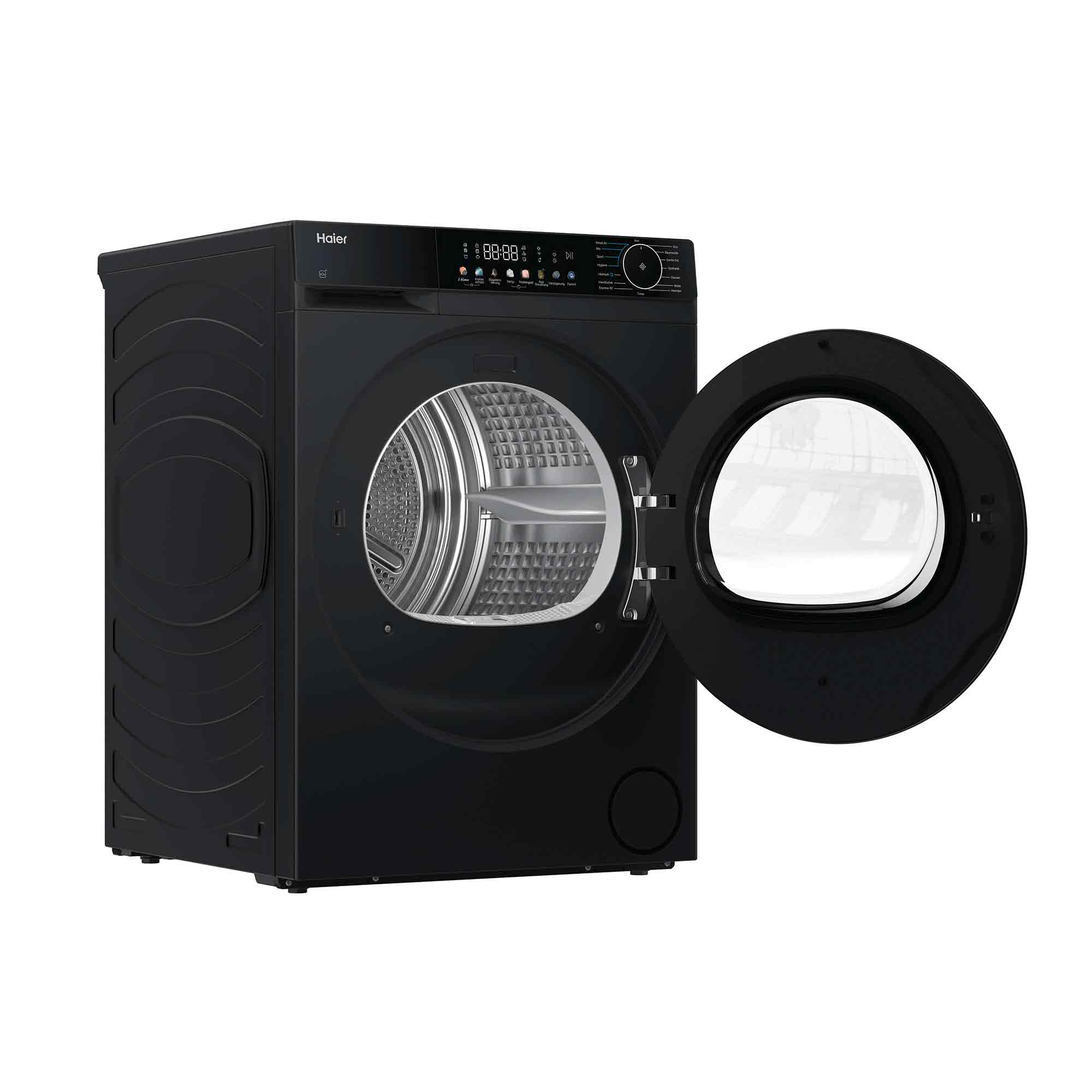 Schwarzer Haier Trockner mit offener Tür und Display.