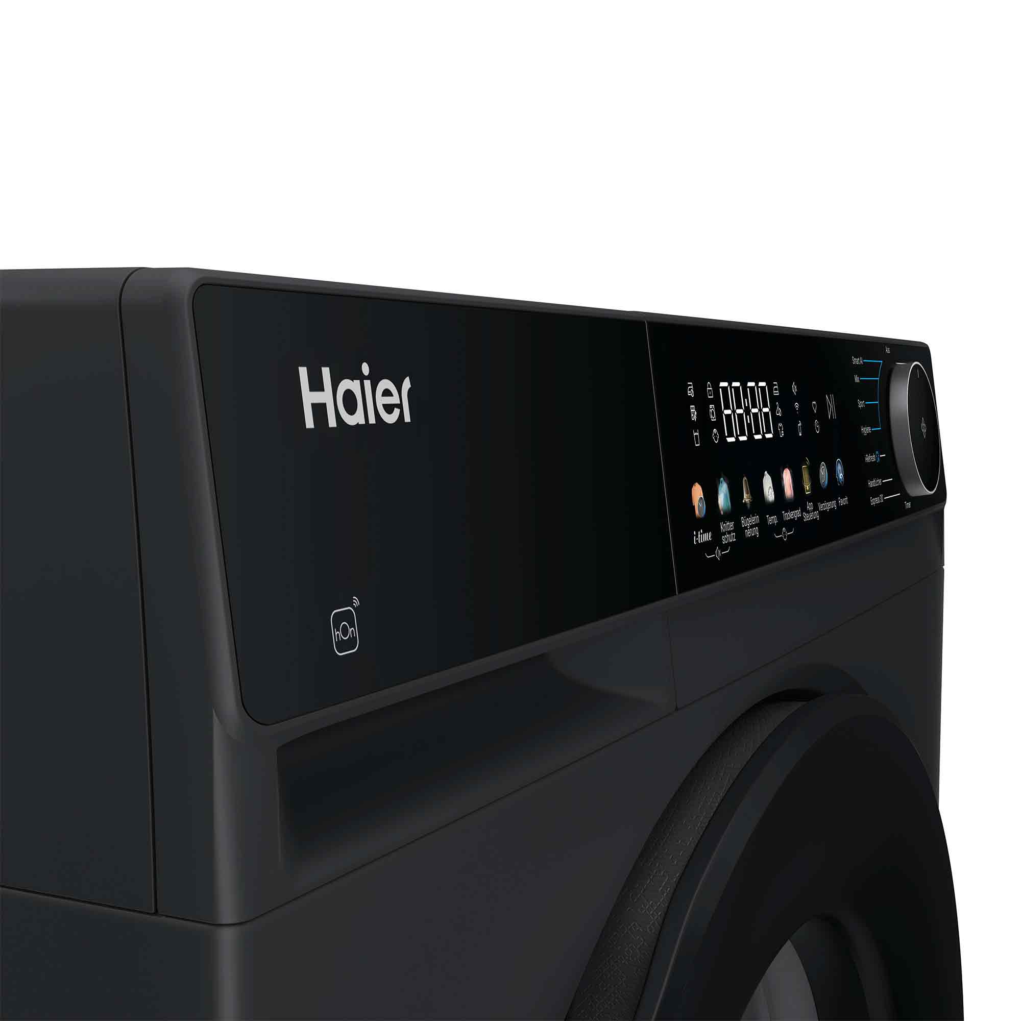 Schwarze Haier Waschmaschine mit digitalem Display und Drehknopf.