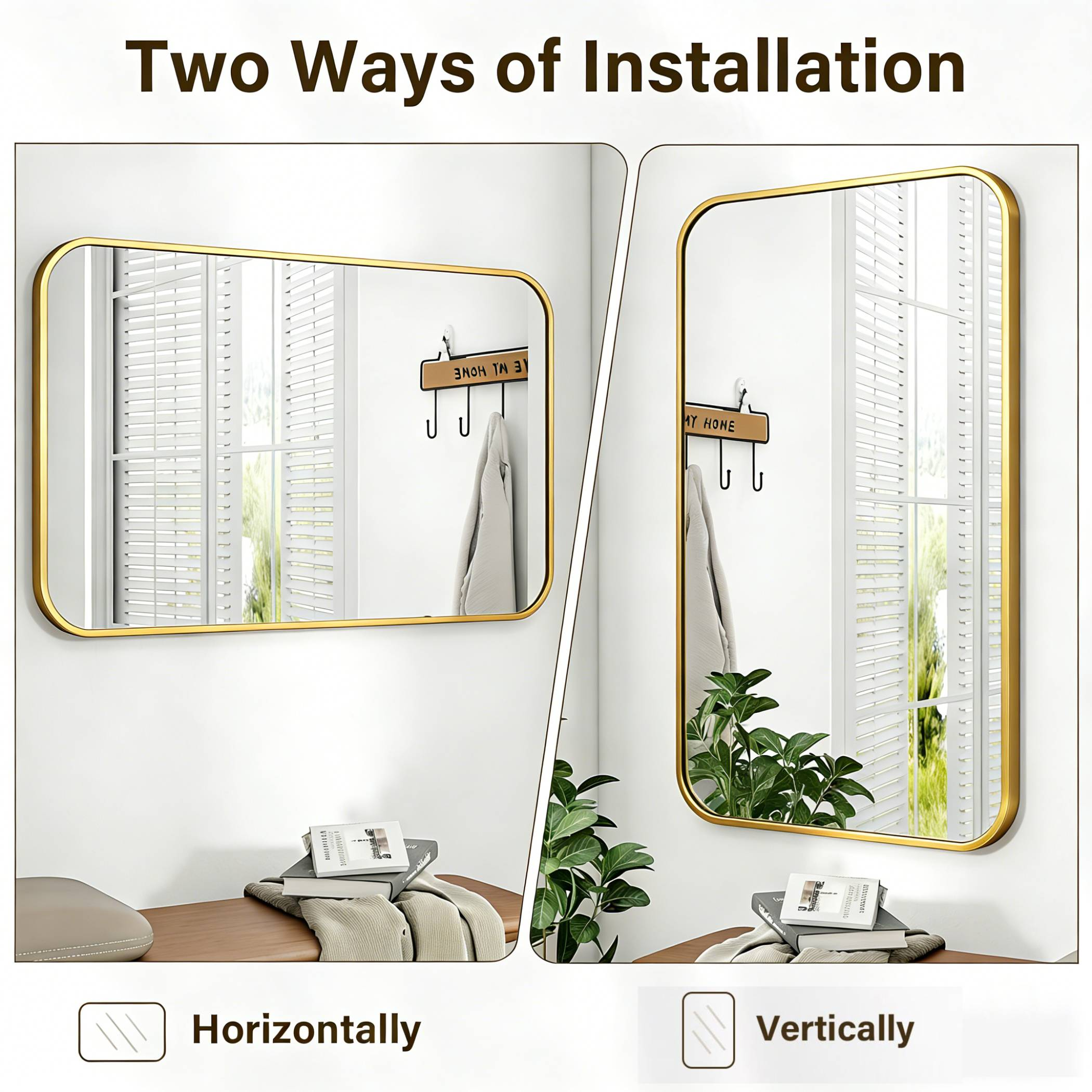 Zwei Spiegel, horizontal und vertikal montiert, mit Haken und Pflanzen.