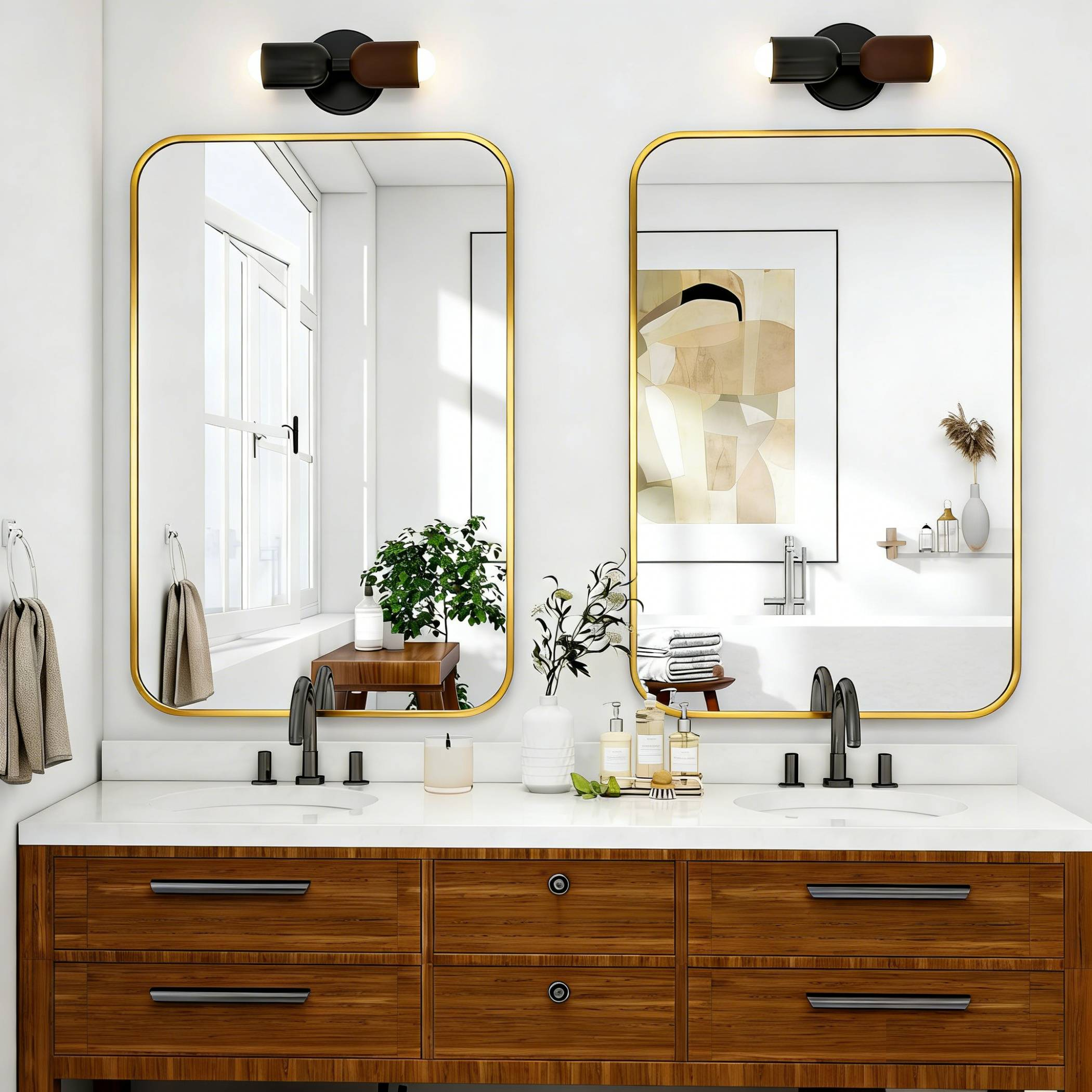 Modernes Badezimmer mit Doppelwaschbecken, Holzkabinetten, zwei Spiegeln und Wandleuchten.