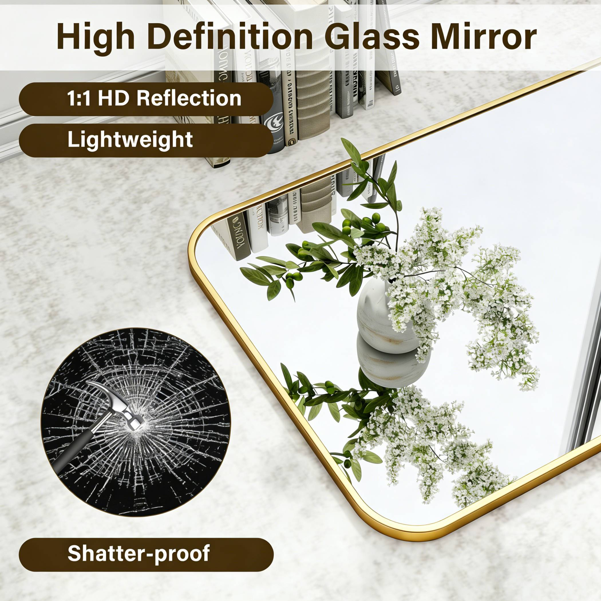 Goldgerahmter Spiegel mit Blumen und zerbrochenem Glas-Detail.