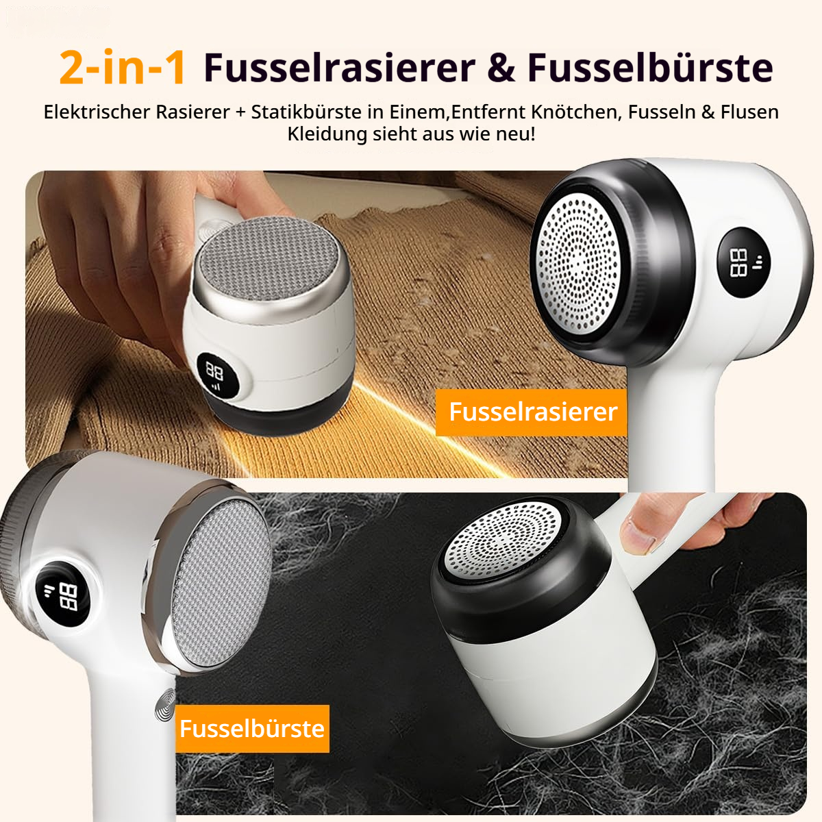 Zwei Geräte: Fusselrasierer und Fusselbürste zur Kleiderpflege.