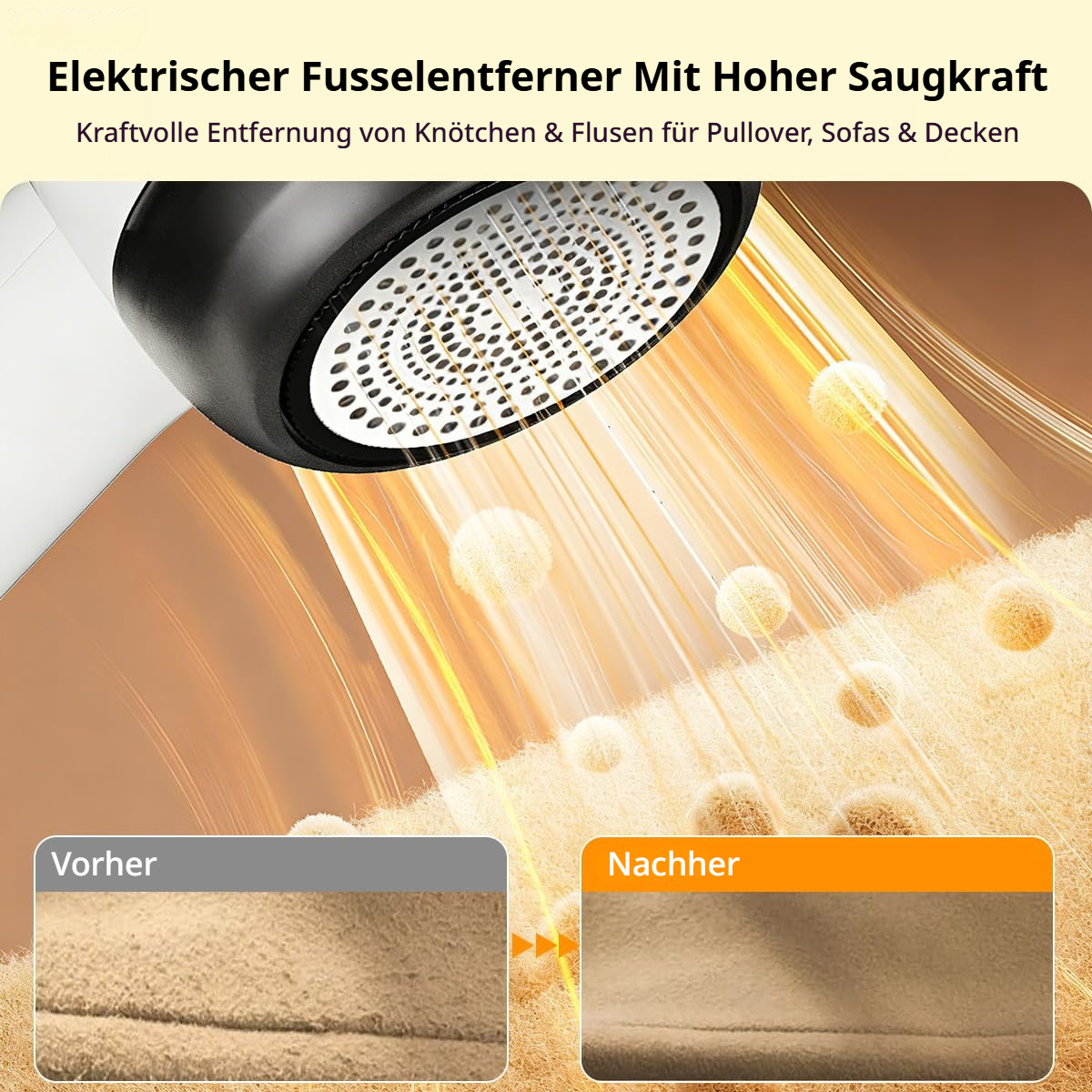 Elektrischer Fusselentferner vor und nach der Anwendung auf Stoff.