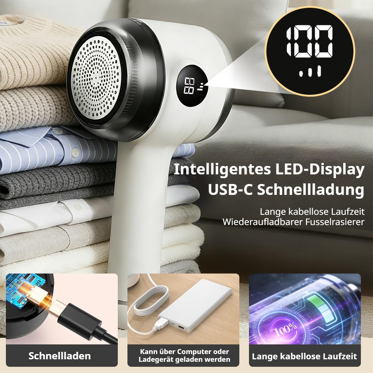 Ein Fusselrasierer mit LED-Display lädt per USB-C. Daneben gestapelte Kleidung.