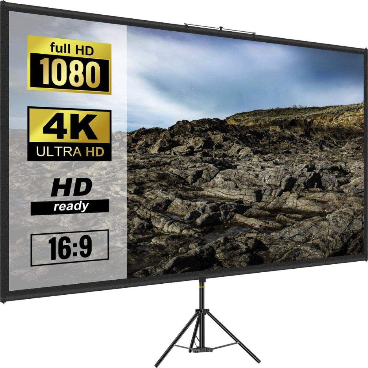 Leinwand mit Stativ, zeigt 1080, 4K, HD-ready, 16:9 und eine felsige Küste.