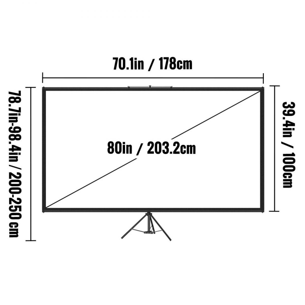 Projektionsleinwand mit Maßen: 178cm breit, 100cm hoch, 203.2cm Diagonale.
