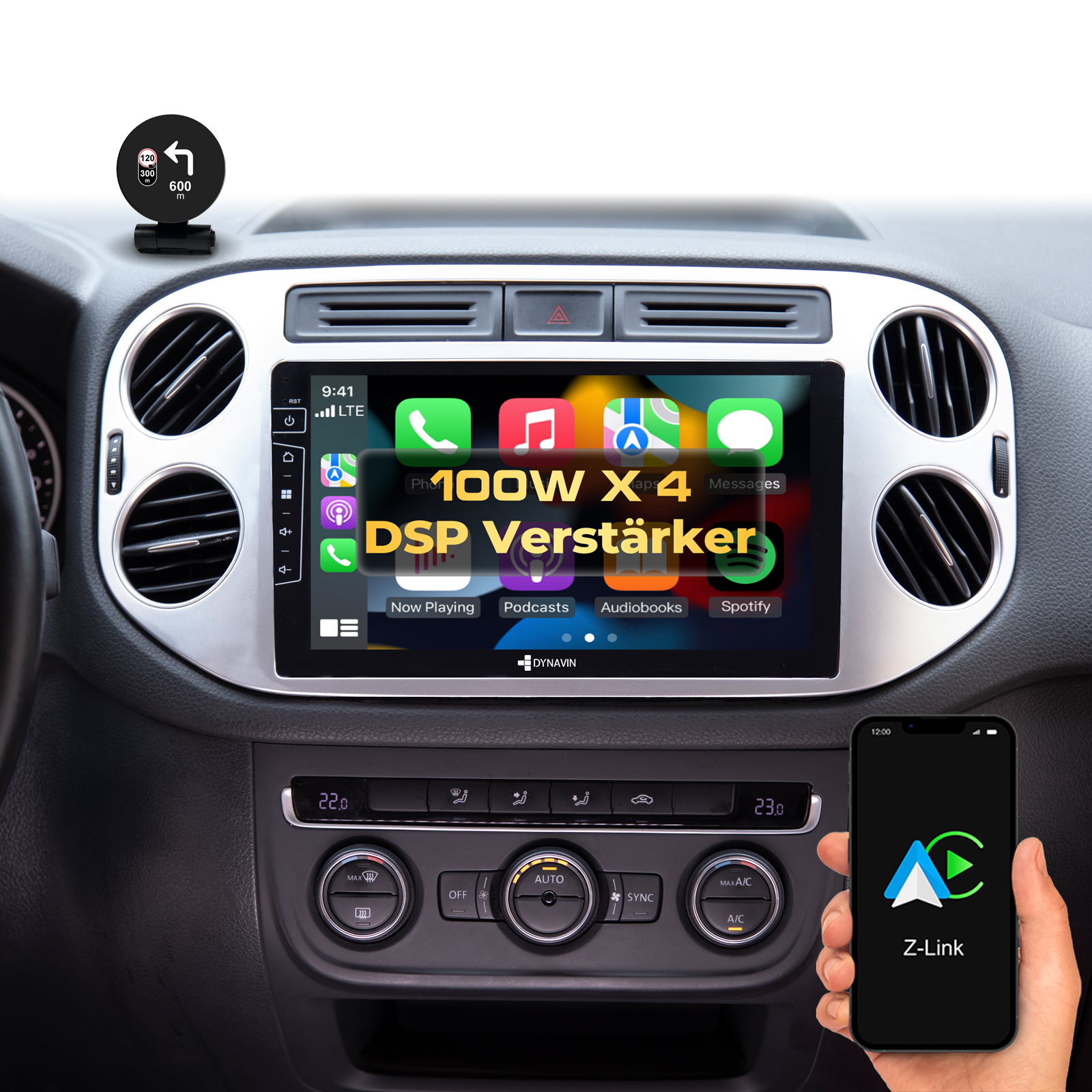 Autoinnenraum mit Navi-Bildschirm, Lüftungsschlitzen und Handy, das Z-Link zeigt.