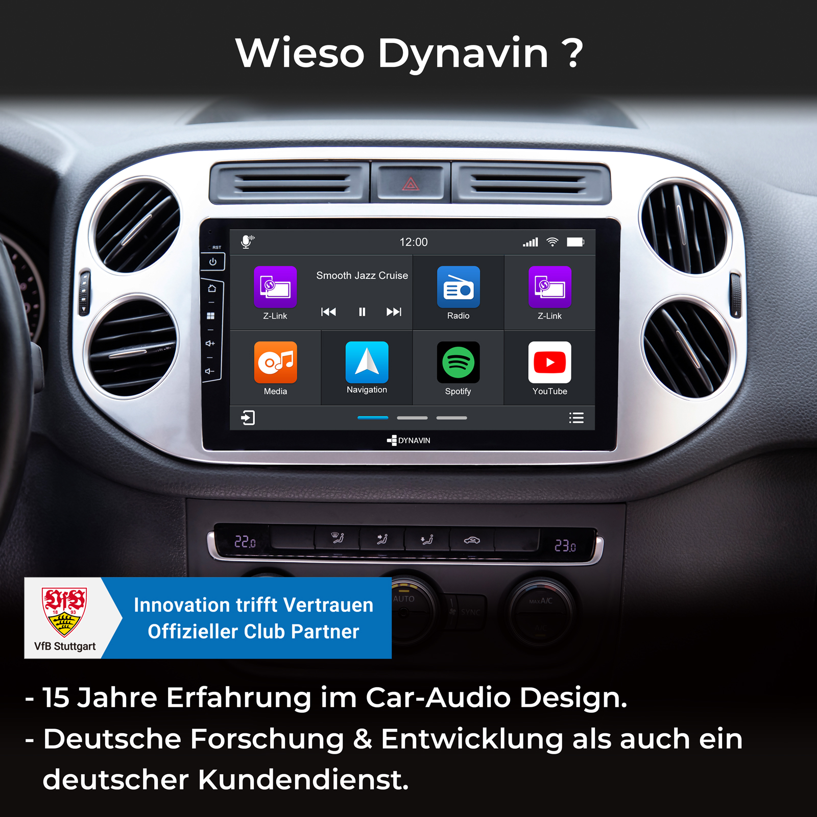 Das Bild zeigt das Infotainmentsystem eines Autos mit Apps wie Z-Link, Radio und Spotify.