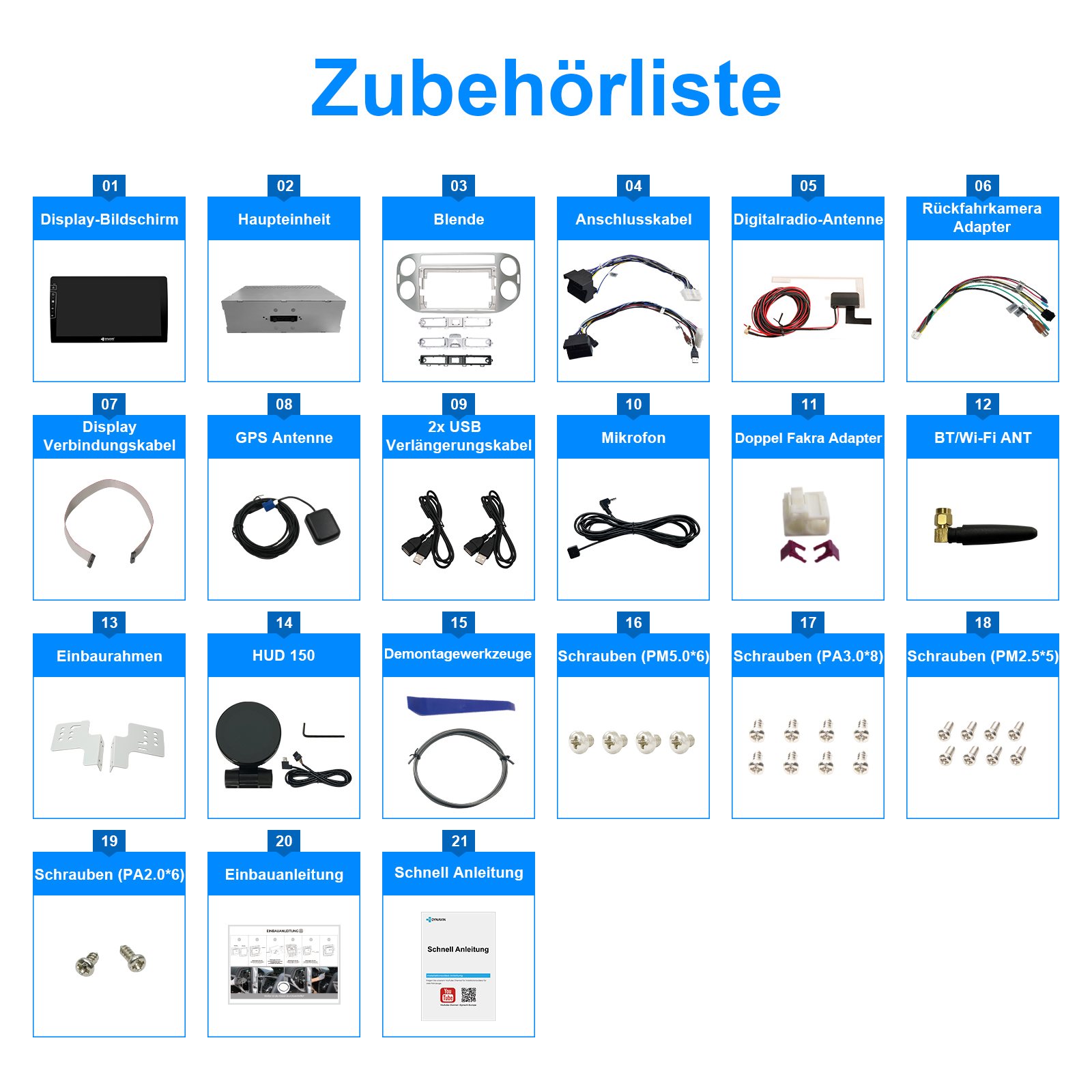 Übersicht der Autozubehörteile: Display, Haupteinheit, Blende, Kabel, Antennen, Werkzeuge, Schrauben, Anleitungen.