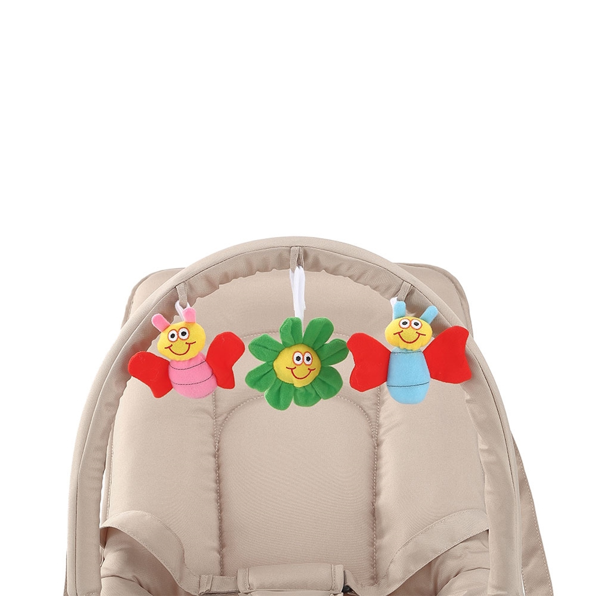 Ein Baby-Bouncer mit einem Spielzeugbogen mit Plüschinsekten und einer Blume.