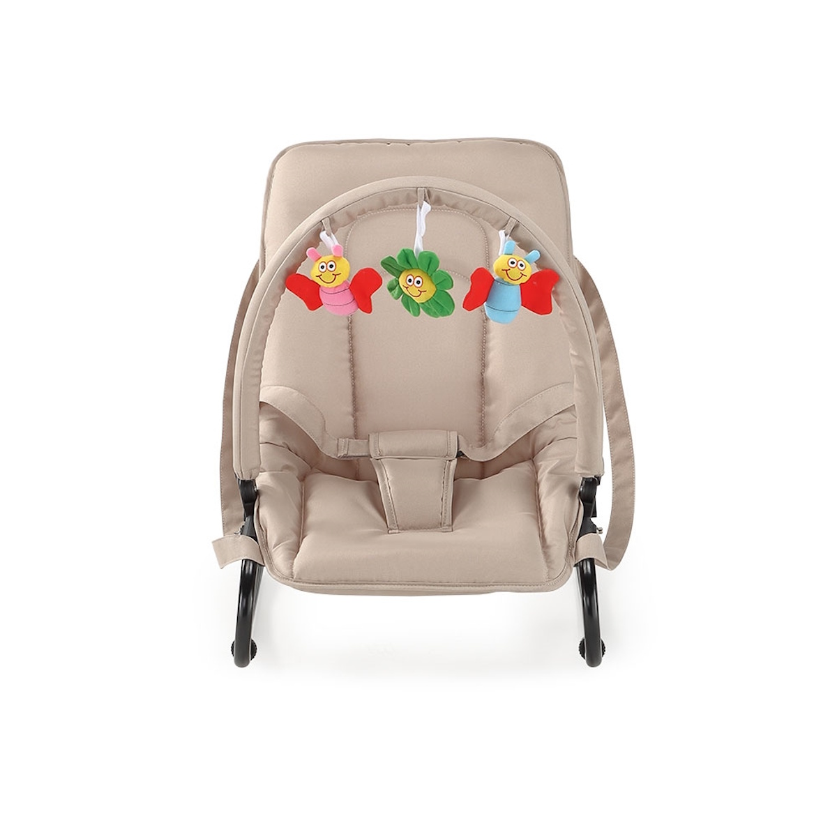 Ein beiger Babyschaukel mit drei hängenden Spielzeugen: zwei Käfer und eine Blume.