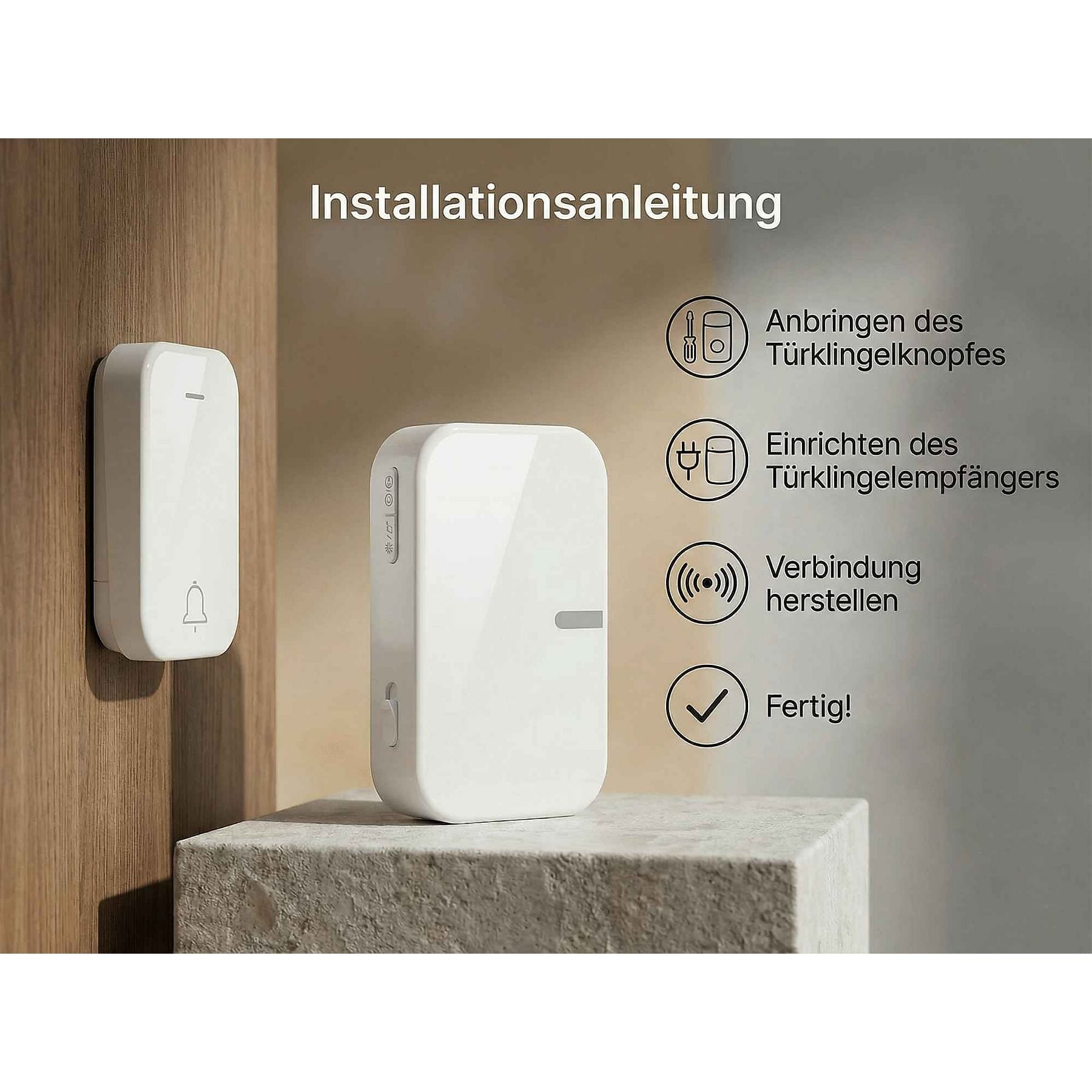 Weißer Türklingelknopf auf Holz, Empfänger auf Stein. Installationsschritte gezeigt.