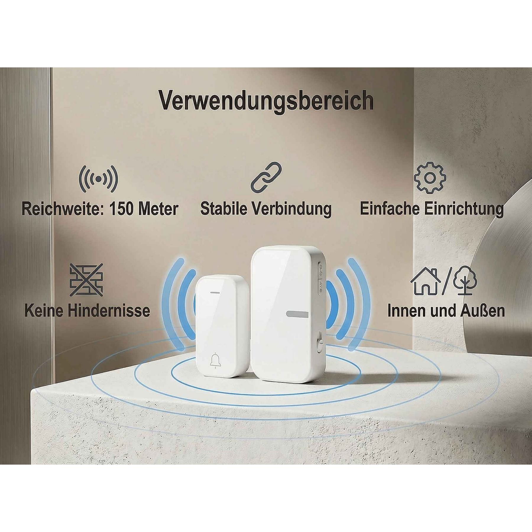 Zwei weiße Türklingeln mit Funkwellen, 150m Reichweite, stabile Verbindung, Innen/Außen.