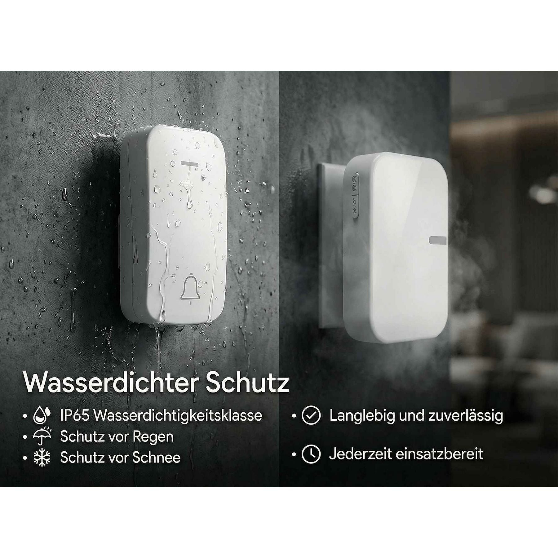 Zwei weiße, wasserdichte Geräte an einer Wand, eines mit Regentropfen.
