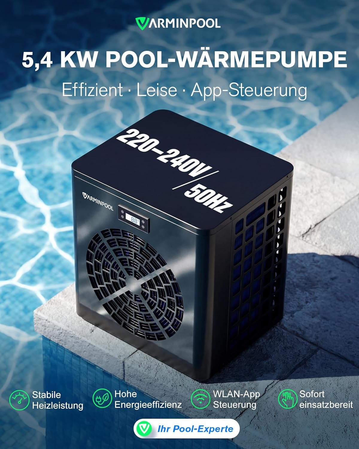 Eine schwarze Pool-Wärmepumpe steht am Beckenrand mit der Aufschrift 220-240V/50Hz.