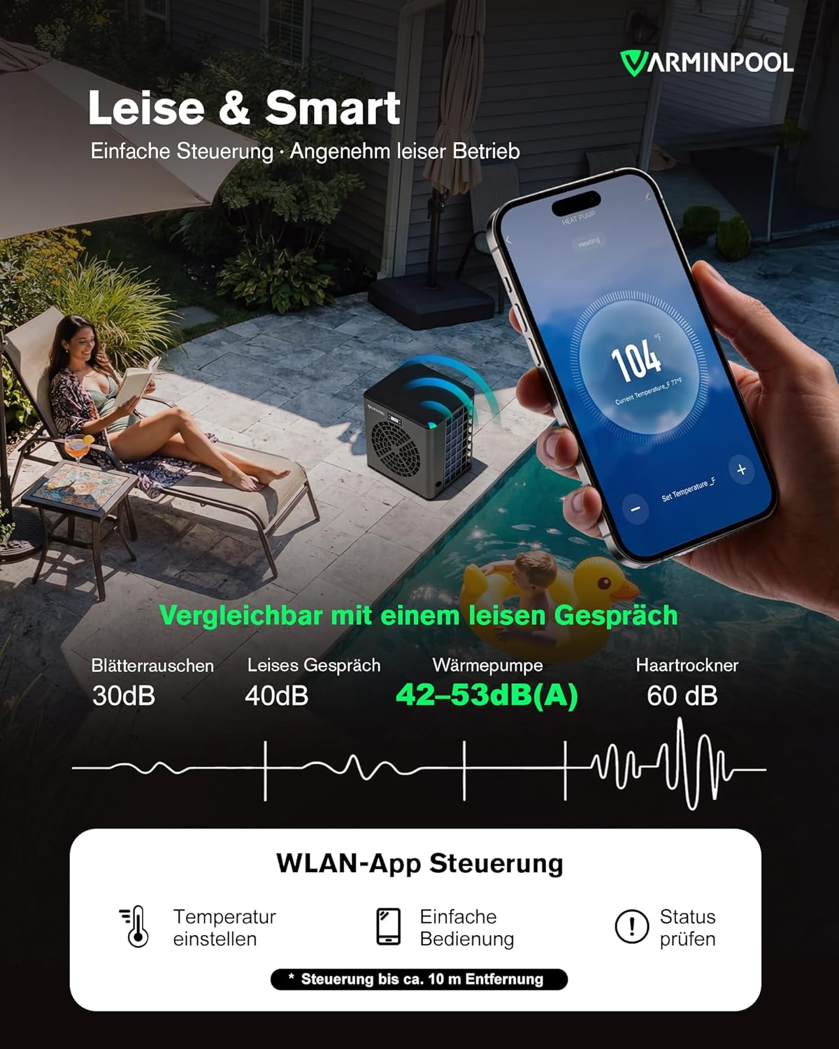 Eine Frau liest am Pool, daneben eine Wärmepumpe. Handy zeigt App an.
