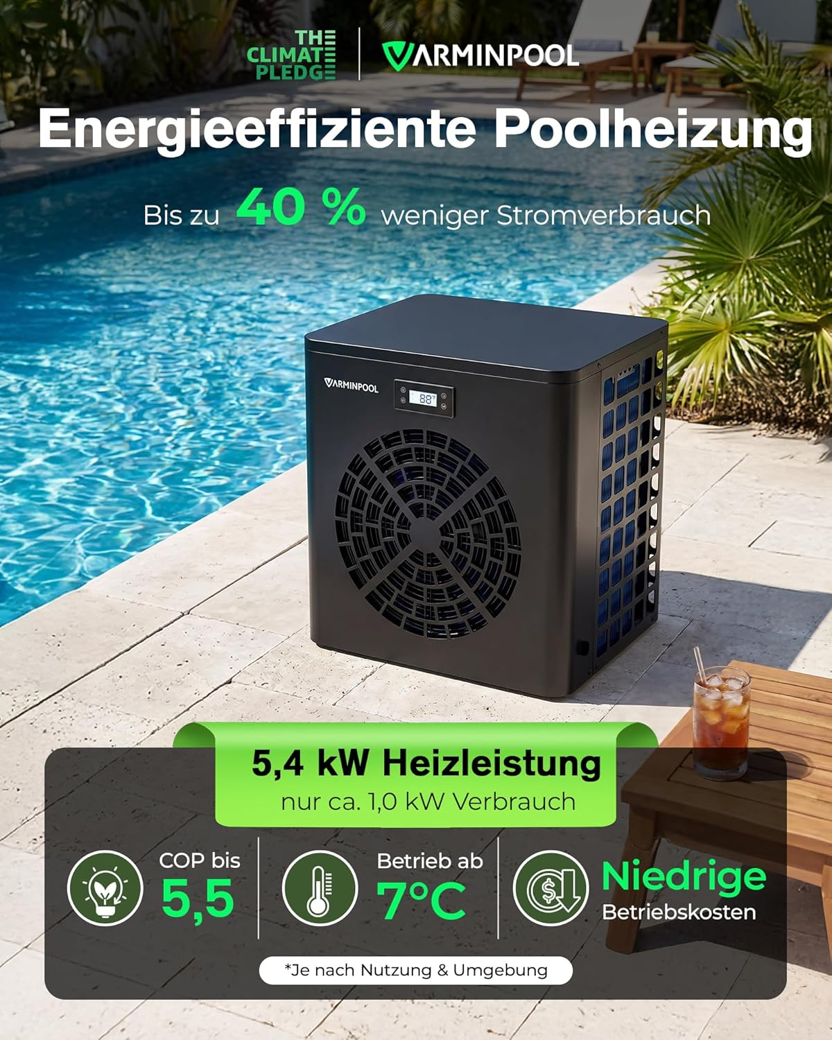 Energieeffiziente Poolheizung neben einem Pool, mit technischen Daten.