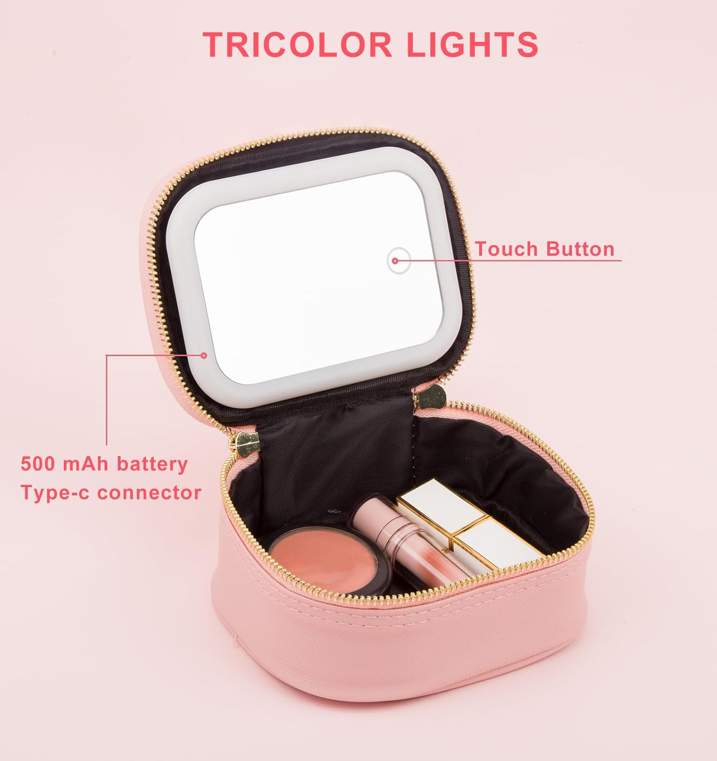 Offene rosa Schminktasche mit Spiegel, Lippenstift, Rouge und zwei Kompaktpudern.