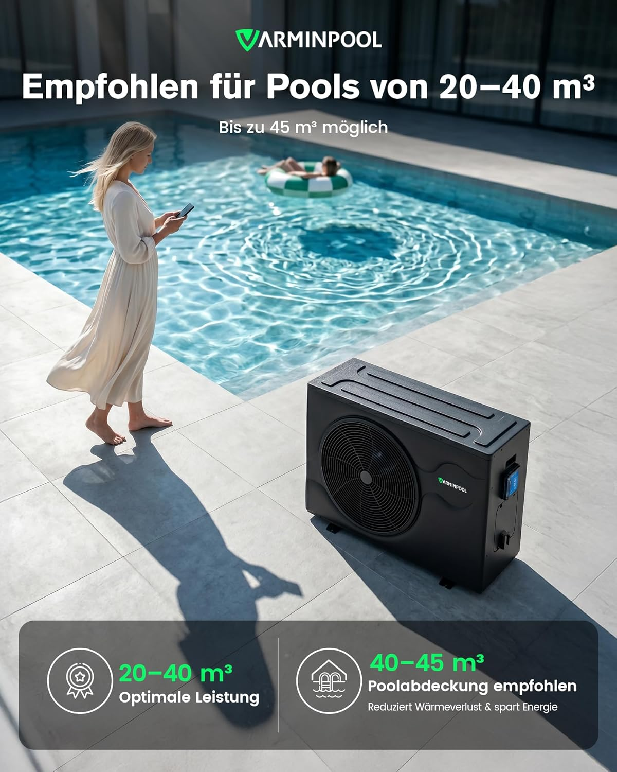 Ein schwarzer Pool-Wärmepumpen-Außengerät steht auf einer Terrasse neben einem Pool.