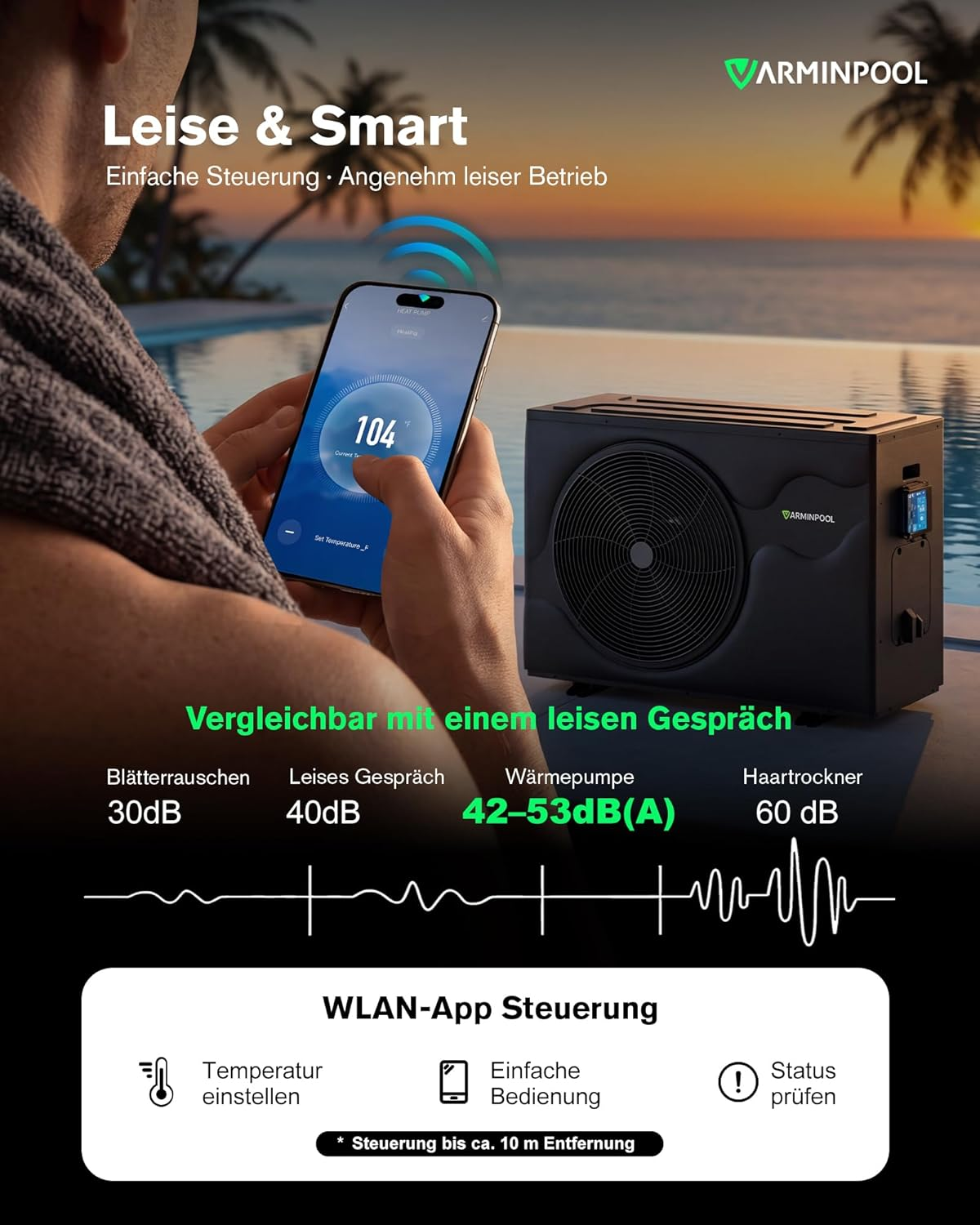 Eine Person bedient eine Pool-Wärmepumpe über eine App auf dem Handy.