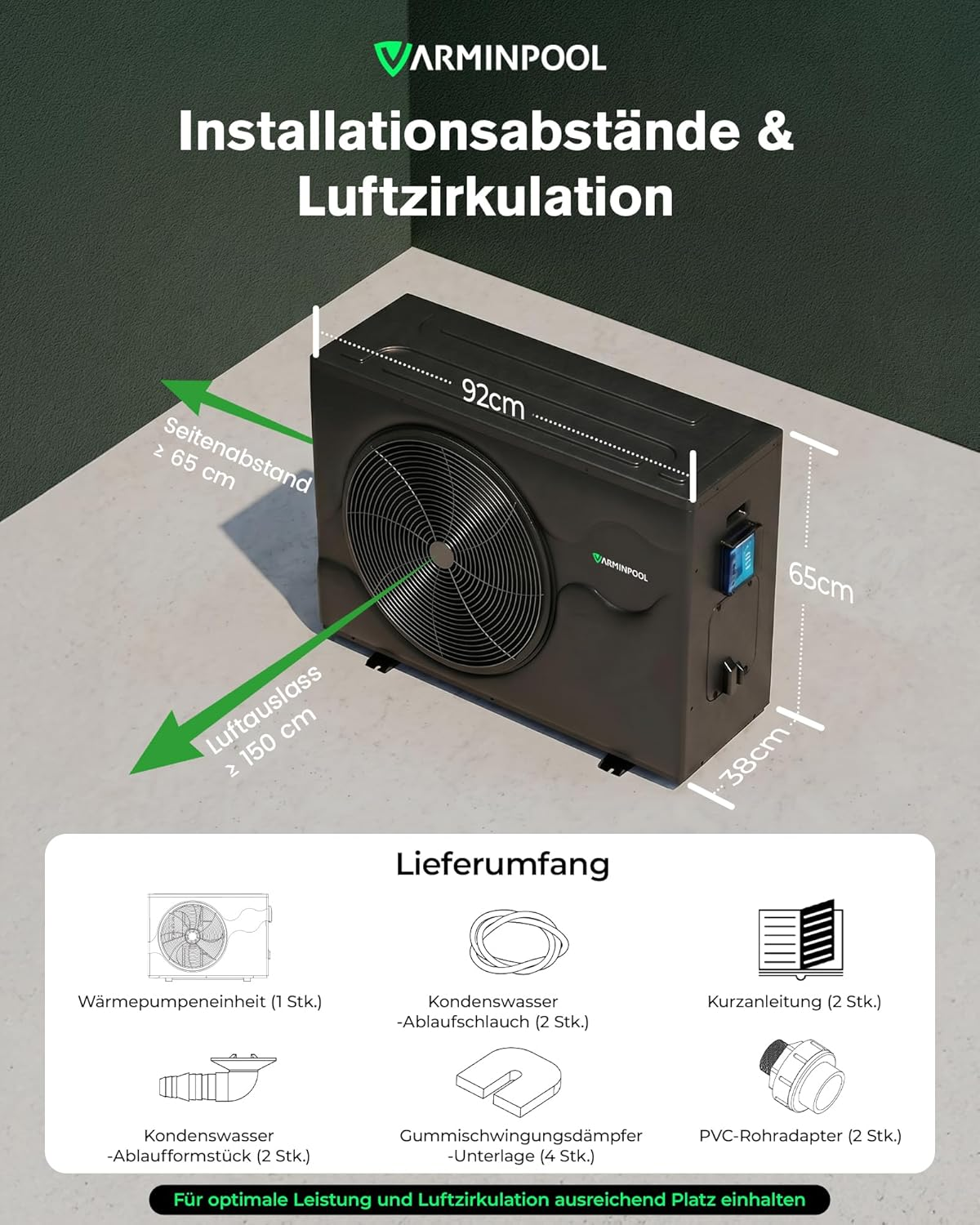 Ein schwarzer Wärmepumpen-Außengerät mit Maßen und Installationshinweisen.
