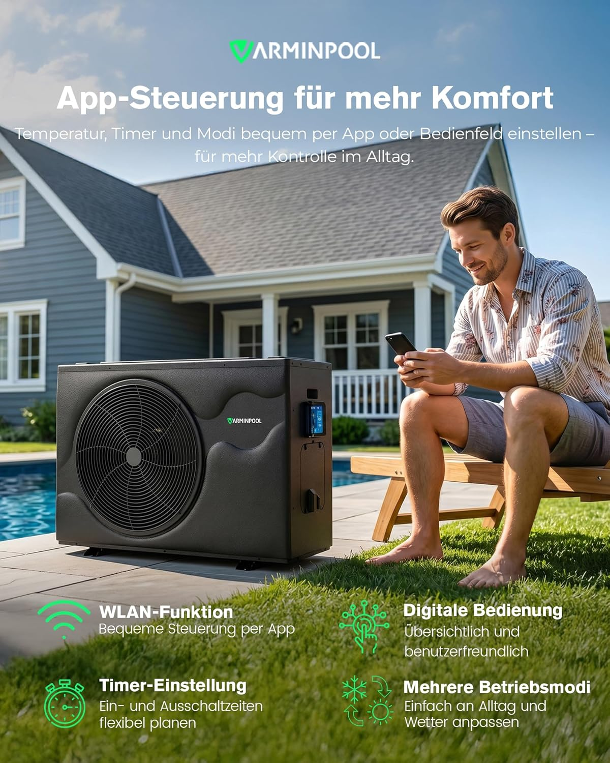 Mann mit Smartphone sitzt neben Pool-Wärmepumpe, Haus im Hintergrund.