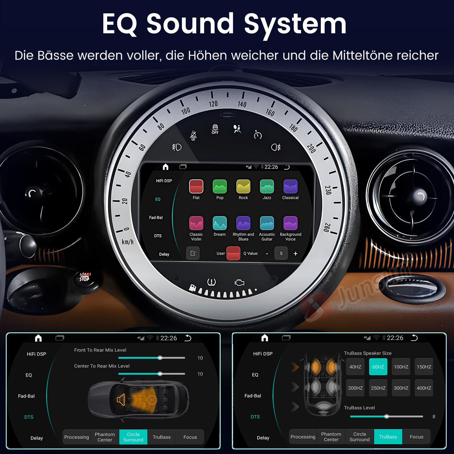 EQ Sound System im Auto mit Touchscreen, zeigt Klangeinstellungen, Lautsprechergrößen und Pegel.